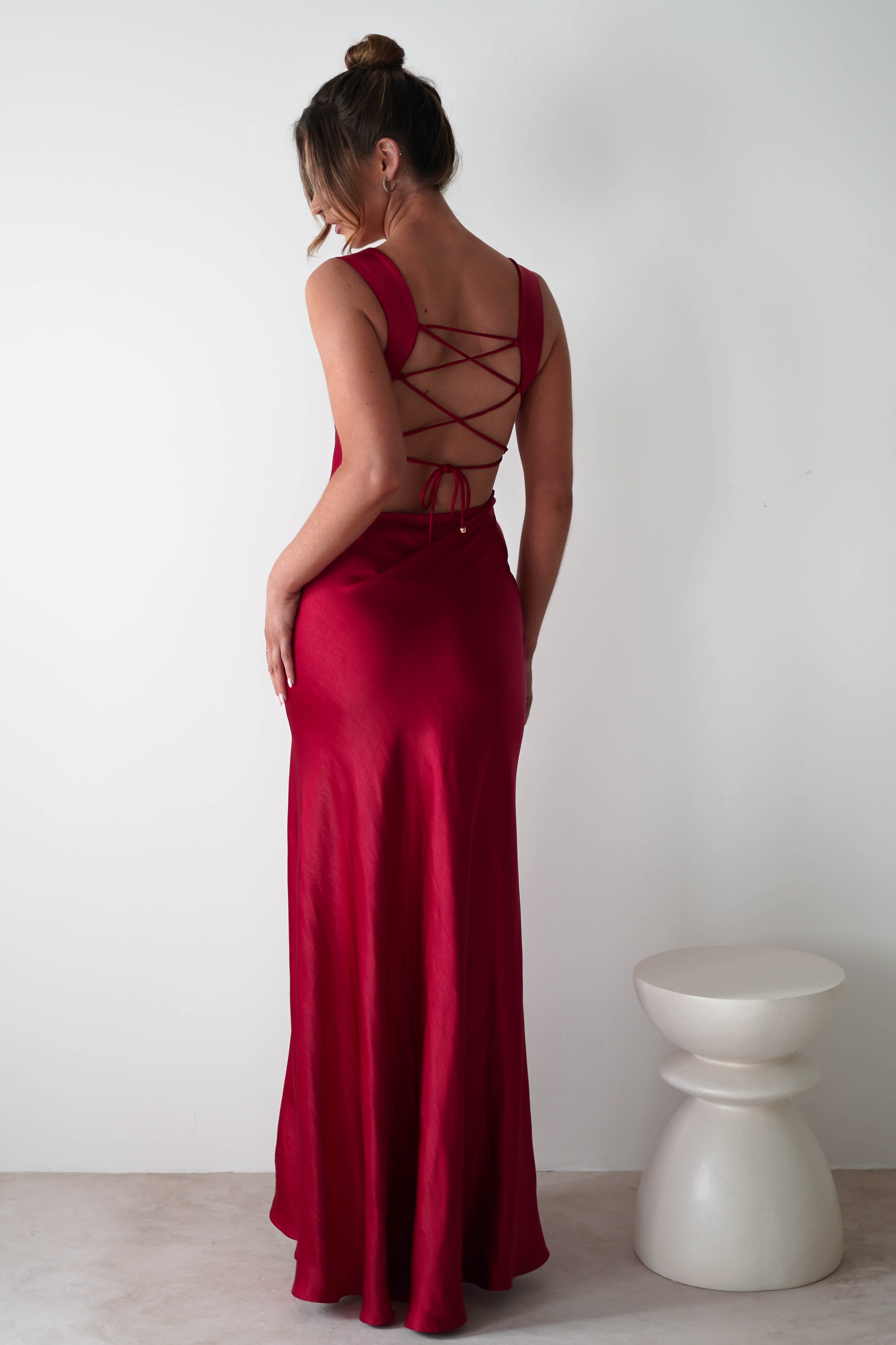 Riviera Soft Satin Maxi Gown | Berry Red | Debs & Prom | Formal Gown | Oh Hello Clothing