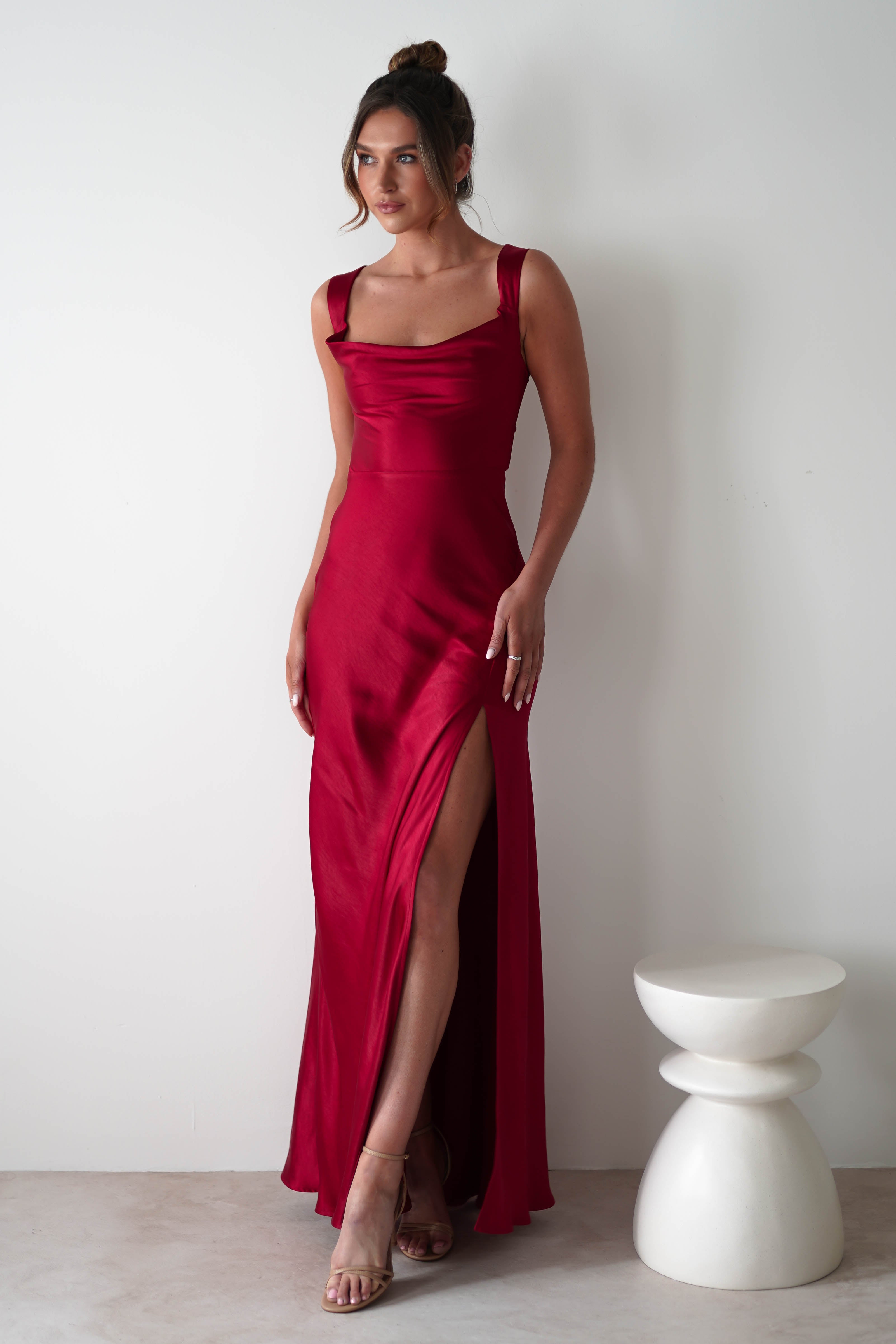 Riviera Soft Satin Maxi Gown | Berry Red | Debs & Prom | Formal Gown | Oh Hello Clothing