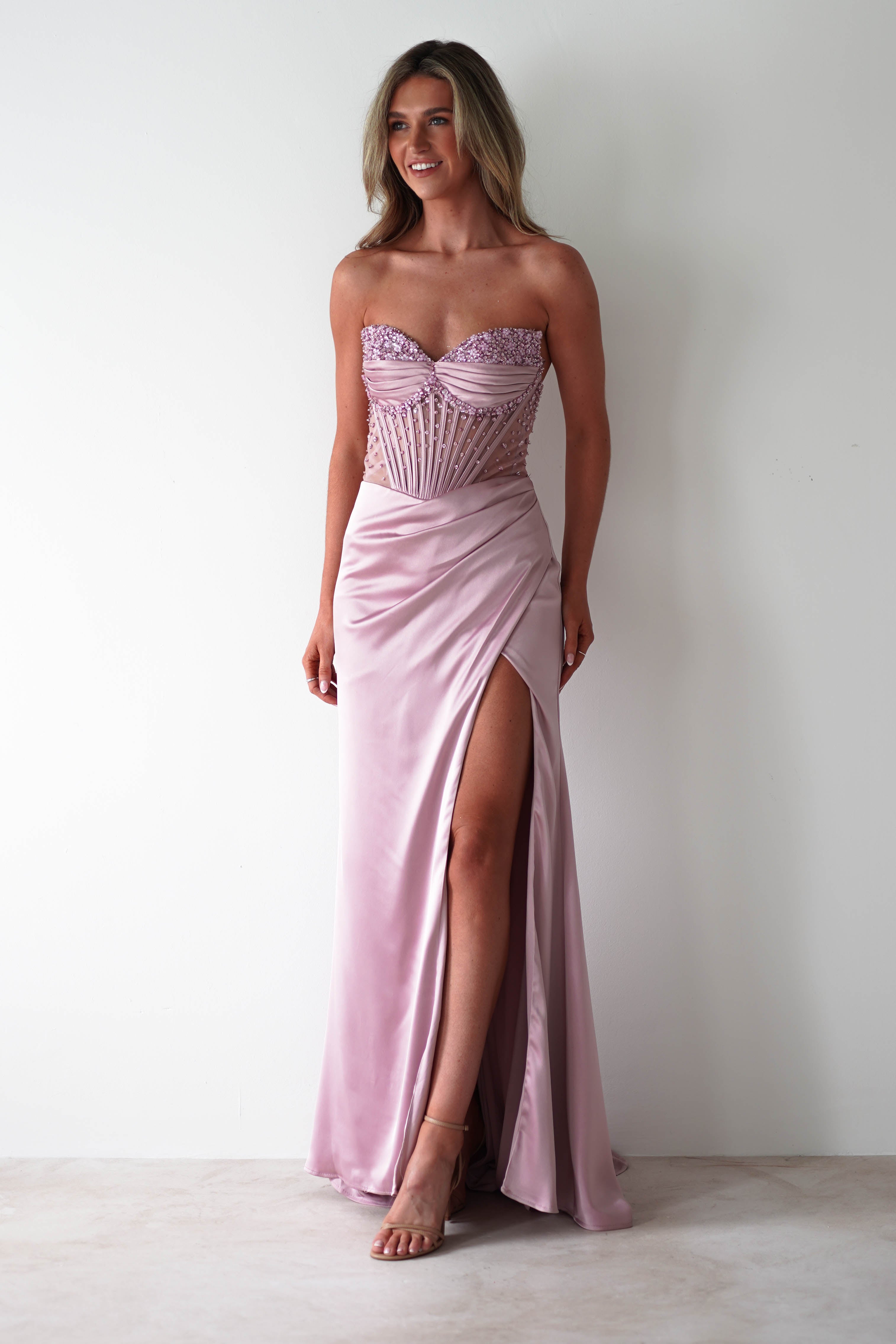 Theodora Strapless Embellished Gown | Mauve | Debs & Prom | Formal Gown | Oh Hello Clothing