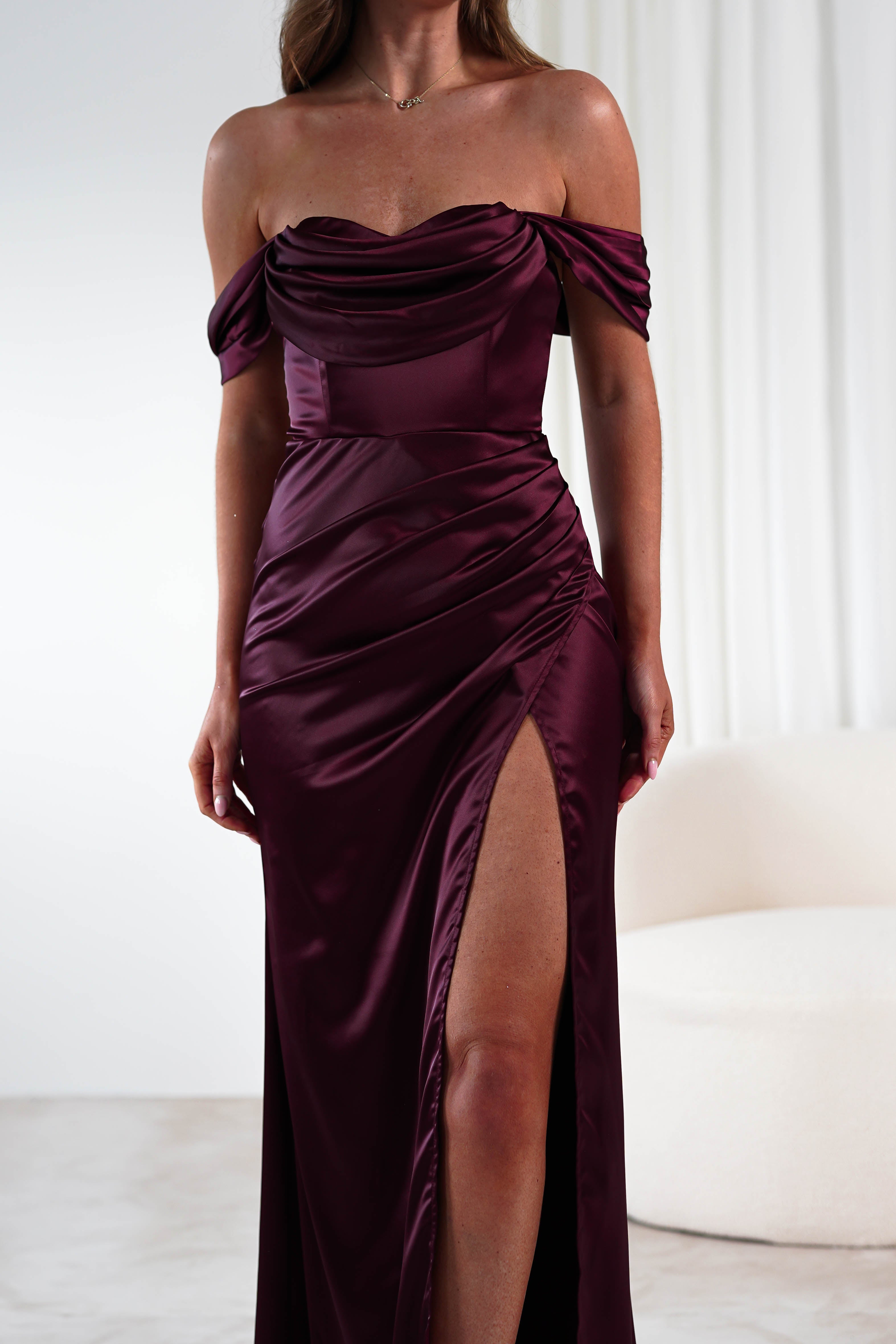 Monica Off The Shoulder Gown | Wine | Debs & Prom | Formal Gown | Oh Hello Clothing