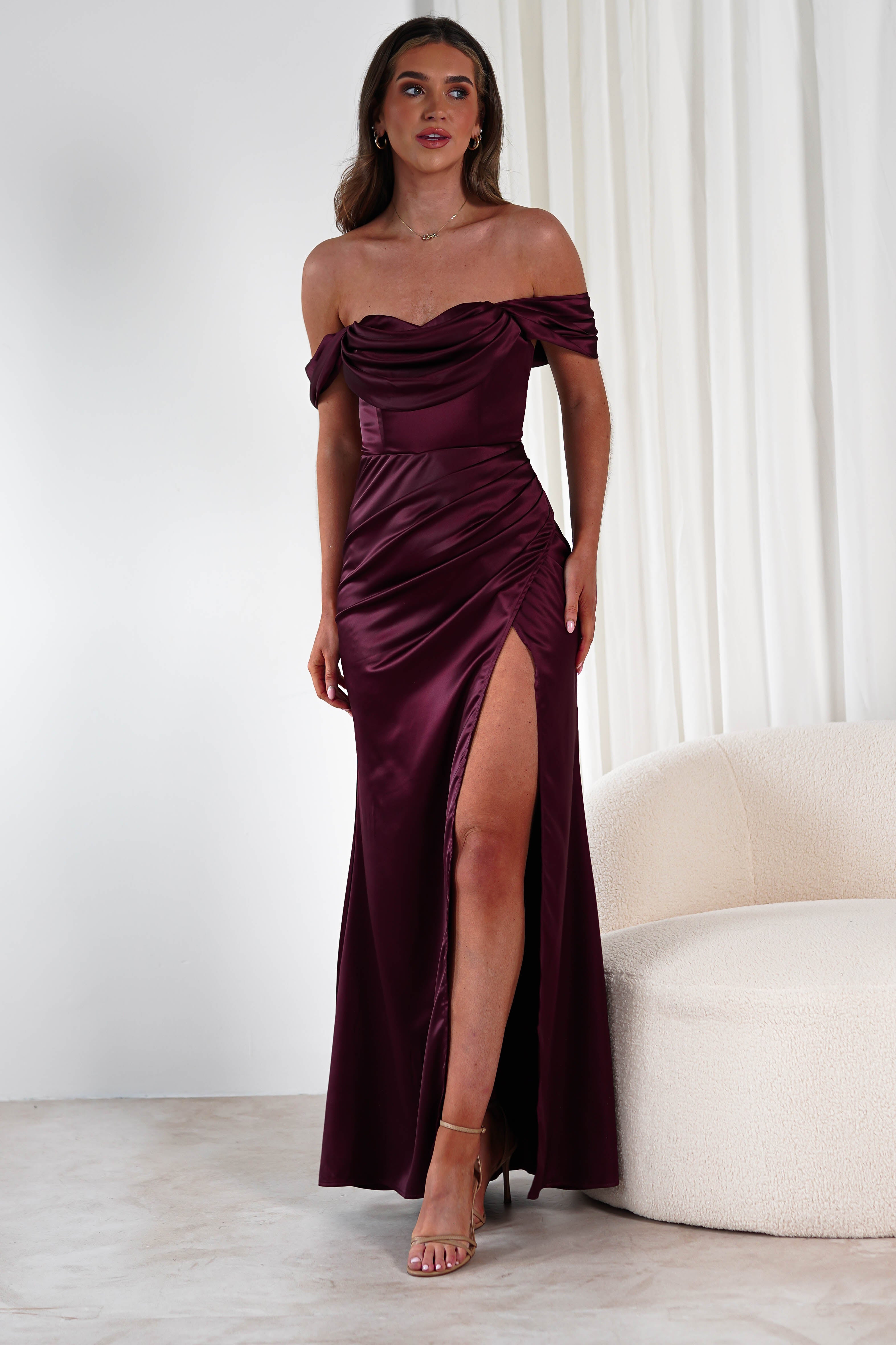 Monica Off The Shoulder Gown | Wine | Debs & Prom | Formal Gown | Oh Hello Clothing