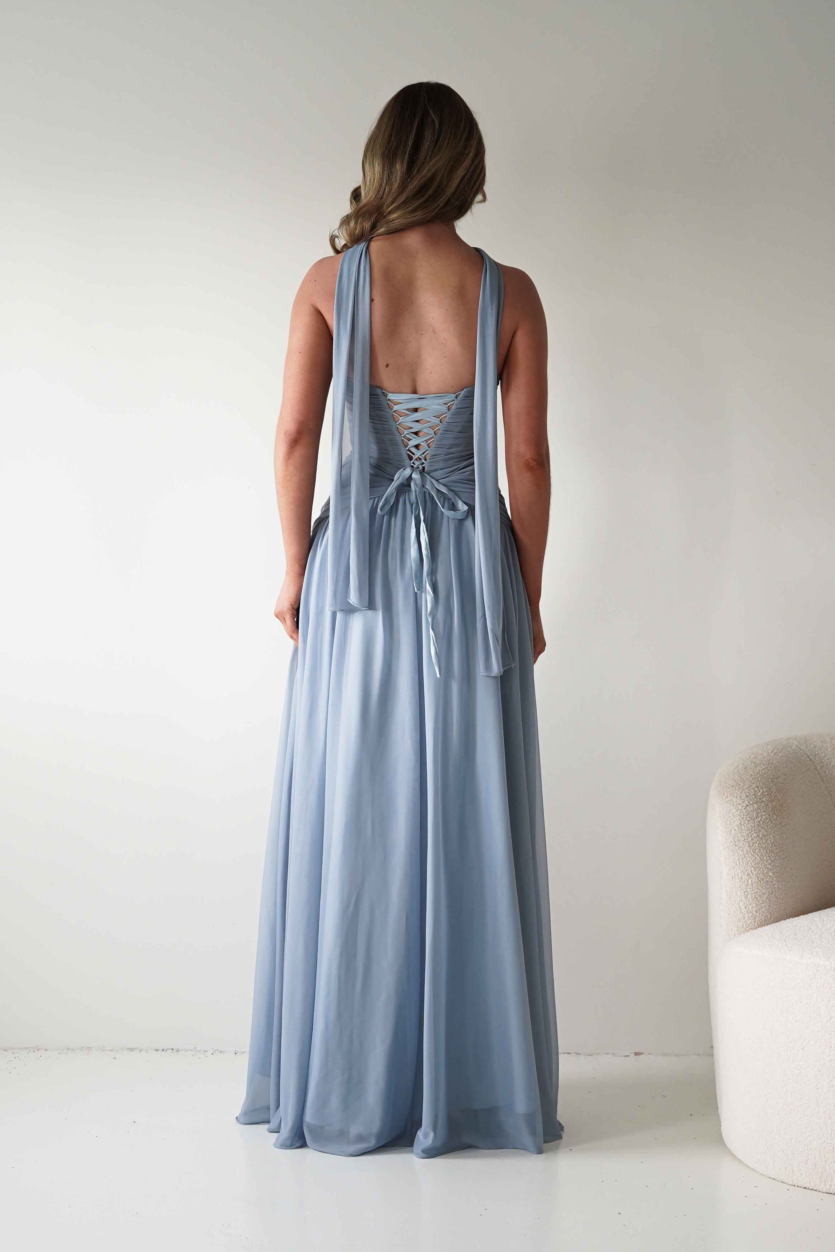 Oh Hello Clothing Women > Clothing > Dresses * DONE - Nicolette Strapless Chiffon Maxi Gown | Dusty Blue