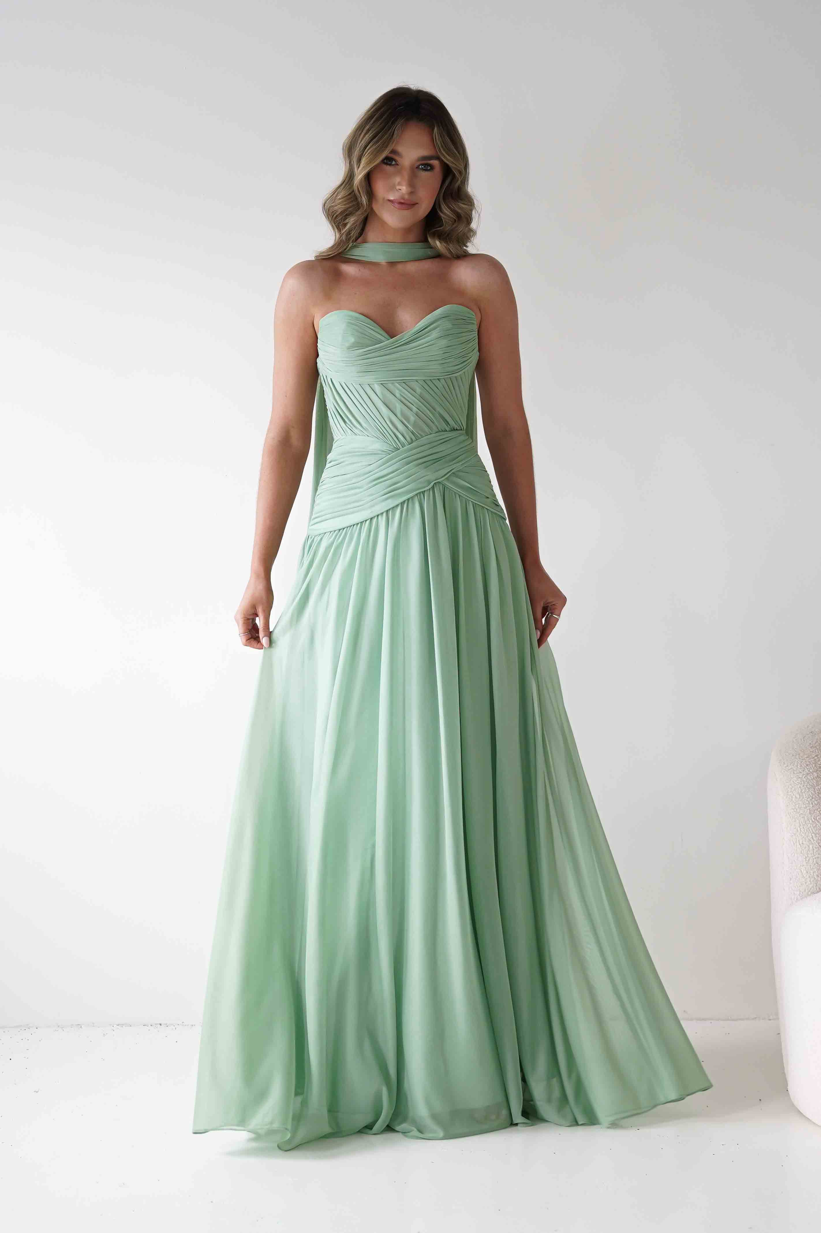 Oh Hello Clothing Women > Clothing > Dresses * DONE - Nicolette Strapless Chiffon Maxi Gown | Sage
