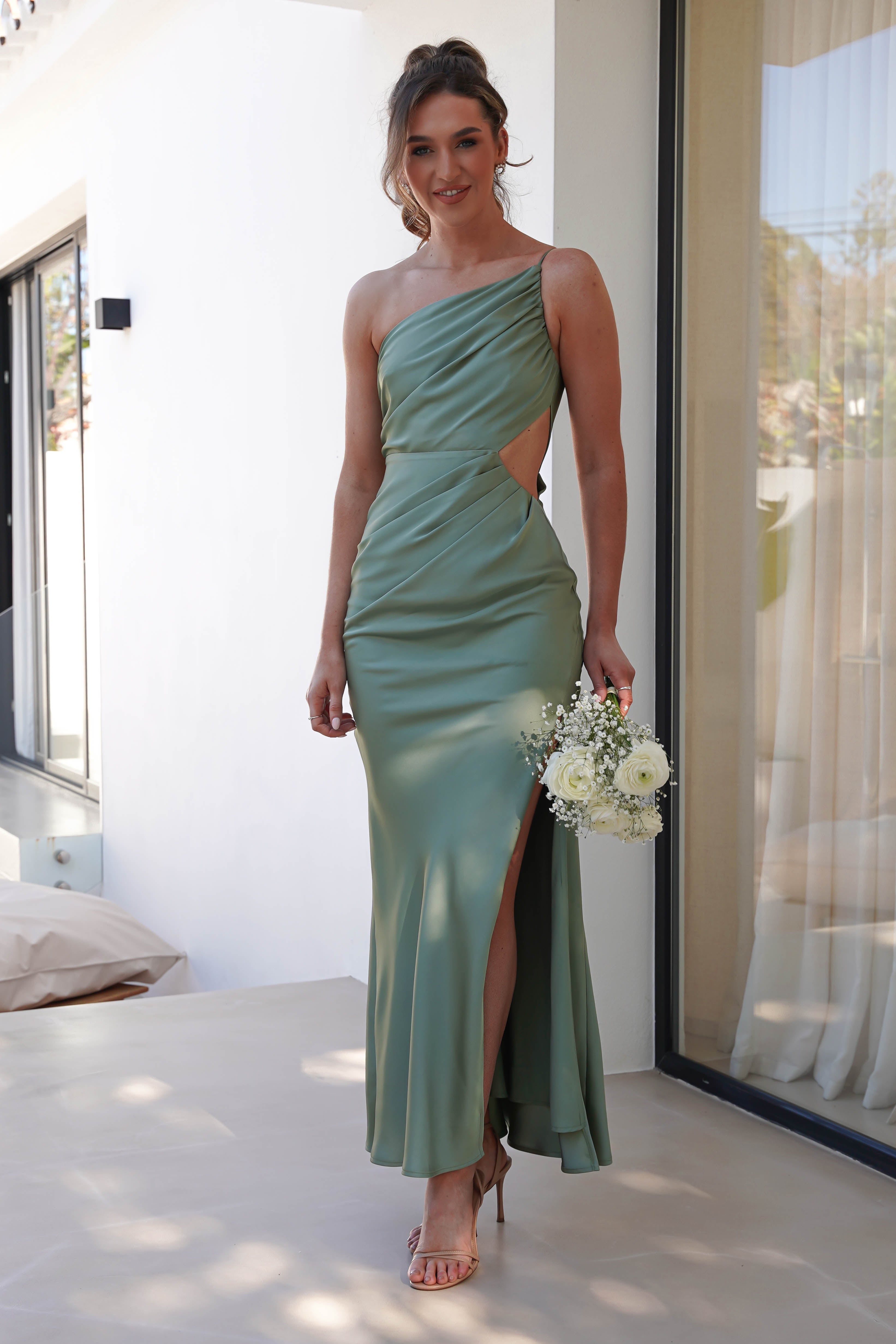 Lyra Soft Matte Satin Maxi Dress Olive | Wedding Guest Dress | Maxi | Satin | Oh Hello Clothing