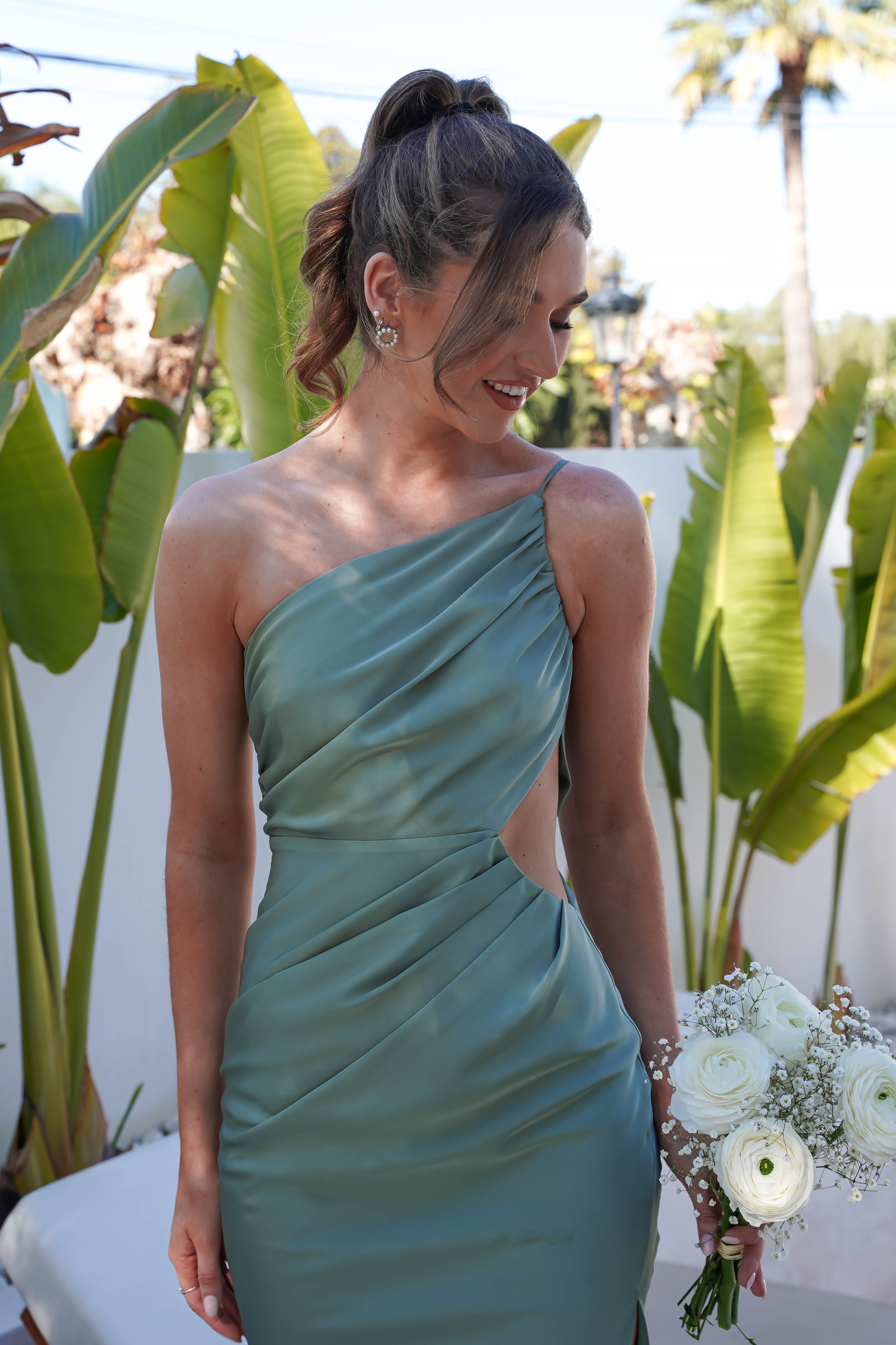 Lyra Soft Matte Satin Maxi Dress Olive | Wedding Guest Dress | Maxi | Satin | Oh Hello Clothing