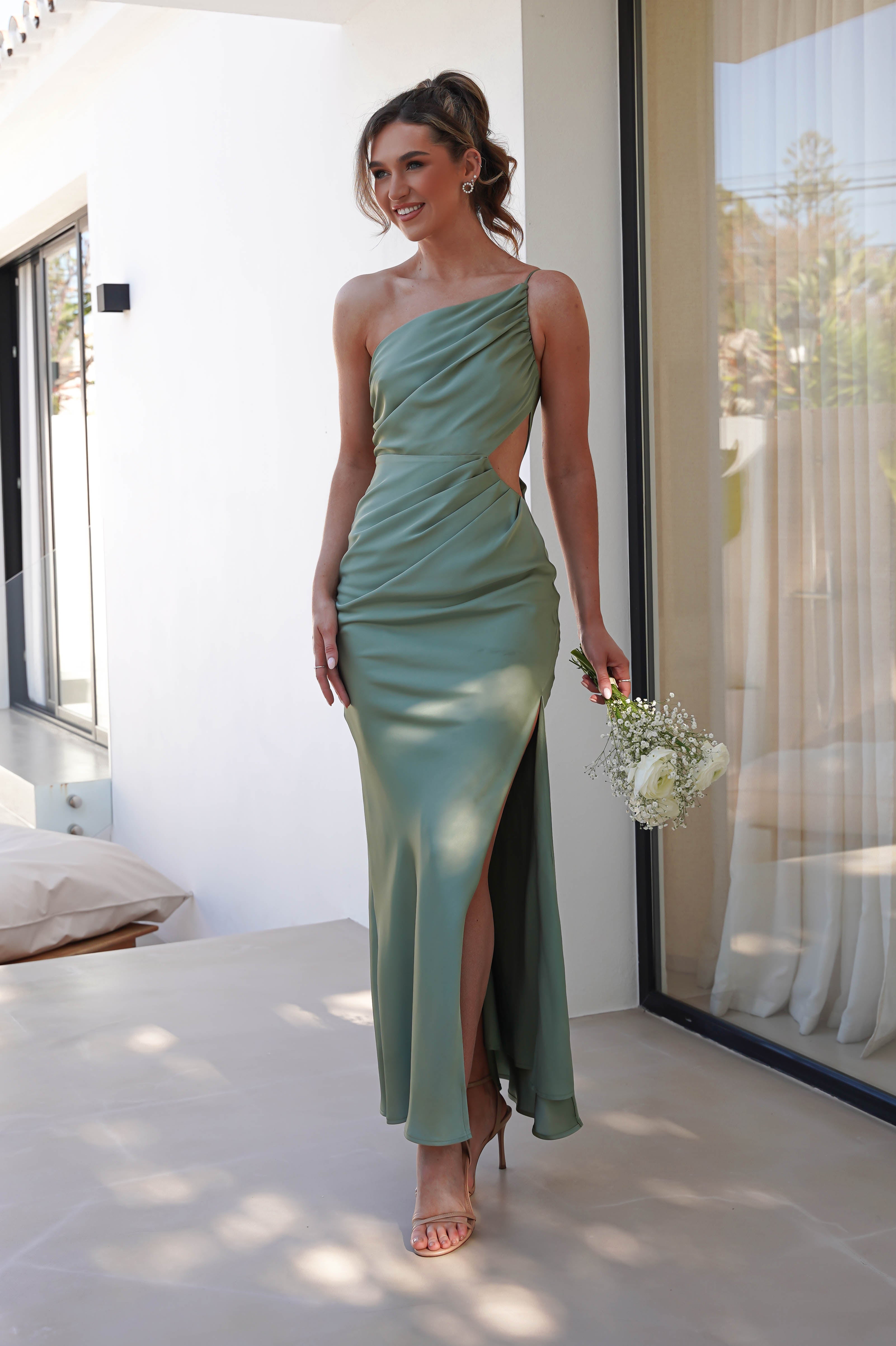 Lyra Soft Matte Satin Maxi Dress Olive | Wedding Guest Dress | Maxi | Satin | Oh Hello Clothing