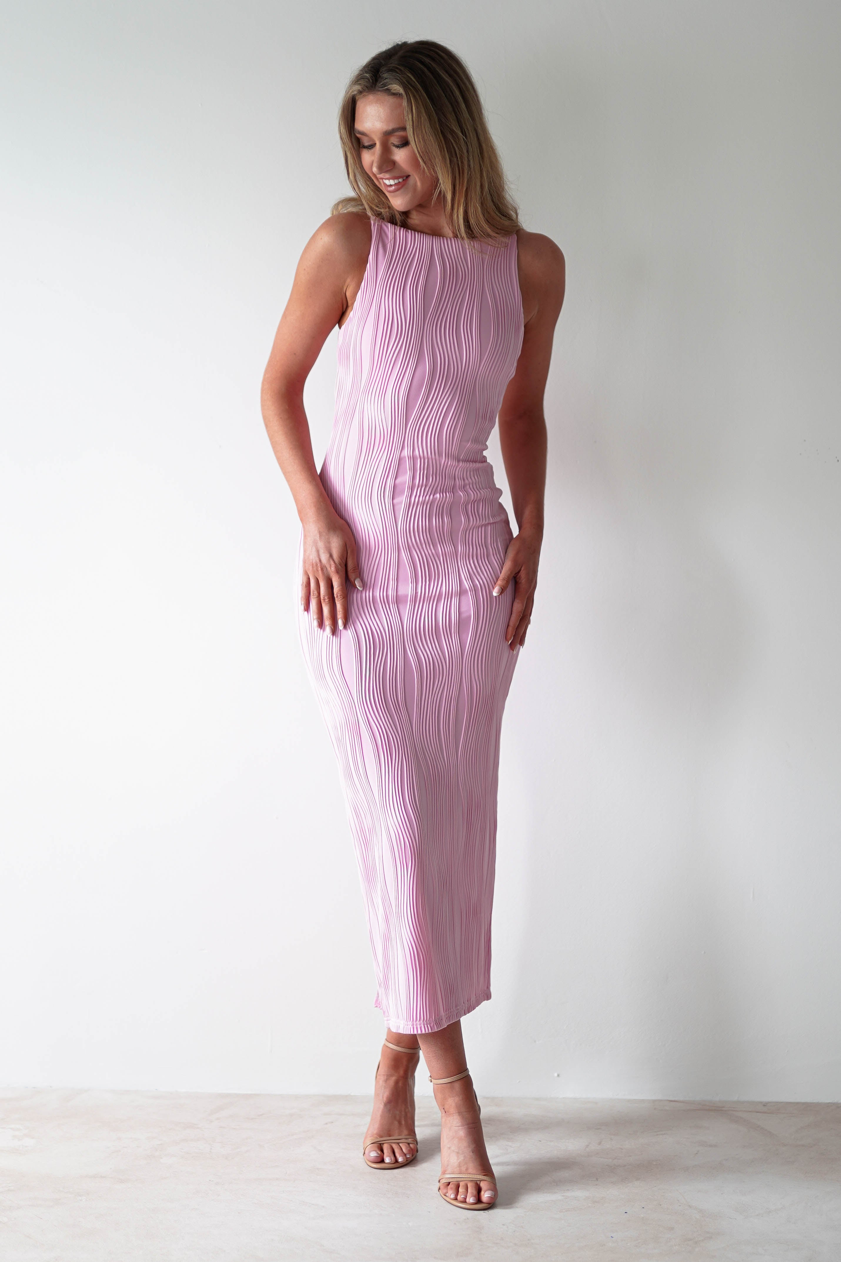 Brighton Textured Bodycon Midaxi Dress Pink | Wedding Guest Dress | Bodycon | Oh Hello Clothing