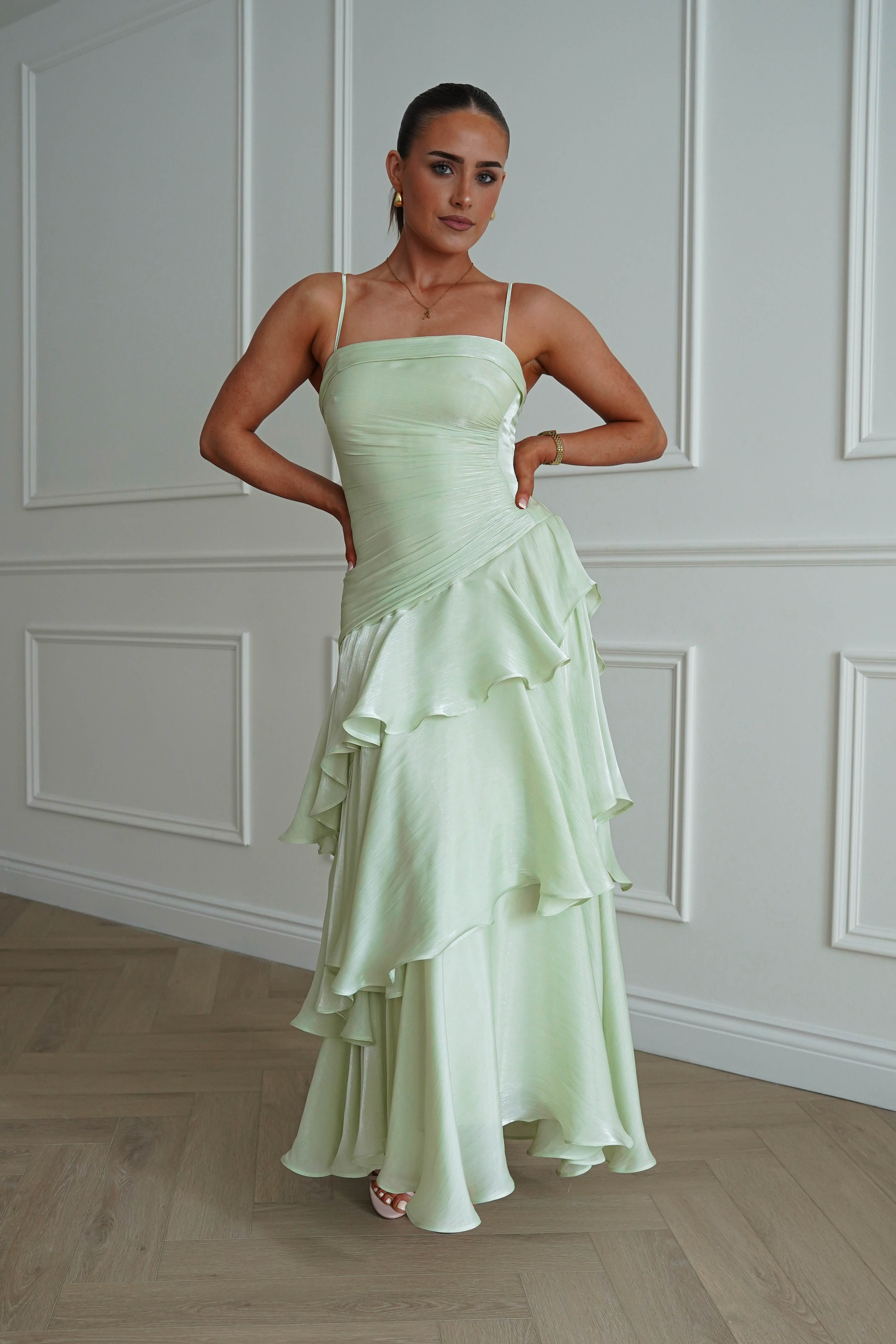 Oh Hello Clothing Women > Clothing > Dresses *DONE - Renee Luminescent Ruffle Maxi Dress | Pistachio