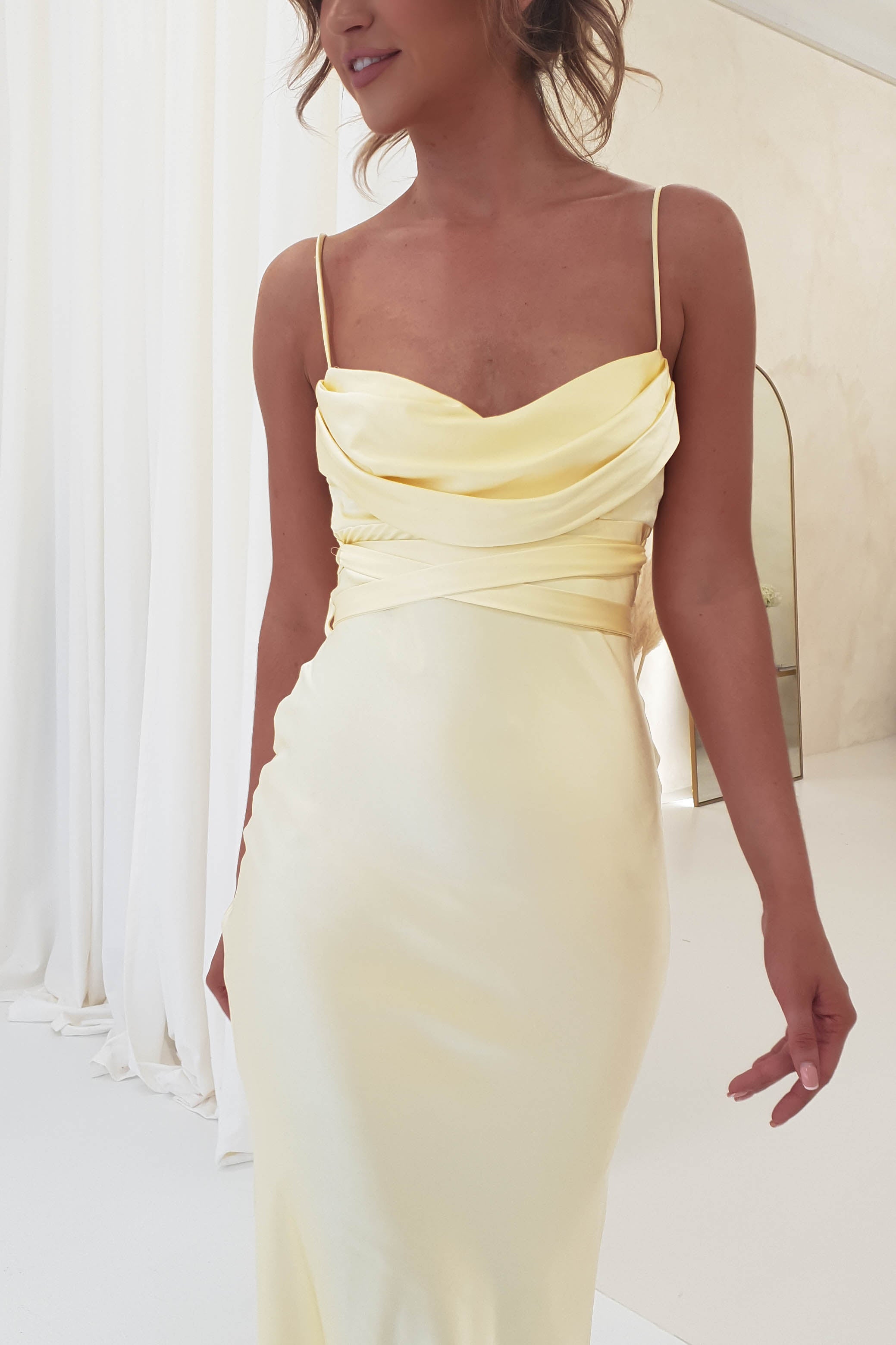 Everleigh Soft Satin Midi Dress | Butter Yellow | Wedding Guest Dress | Oh Hello Clothing