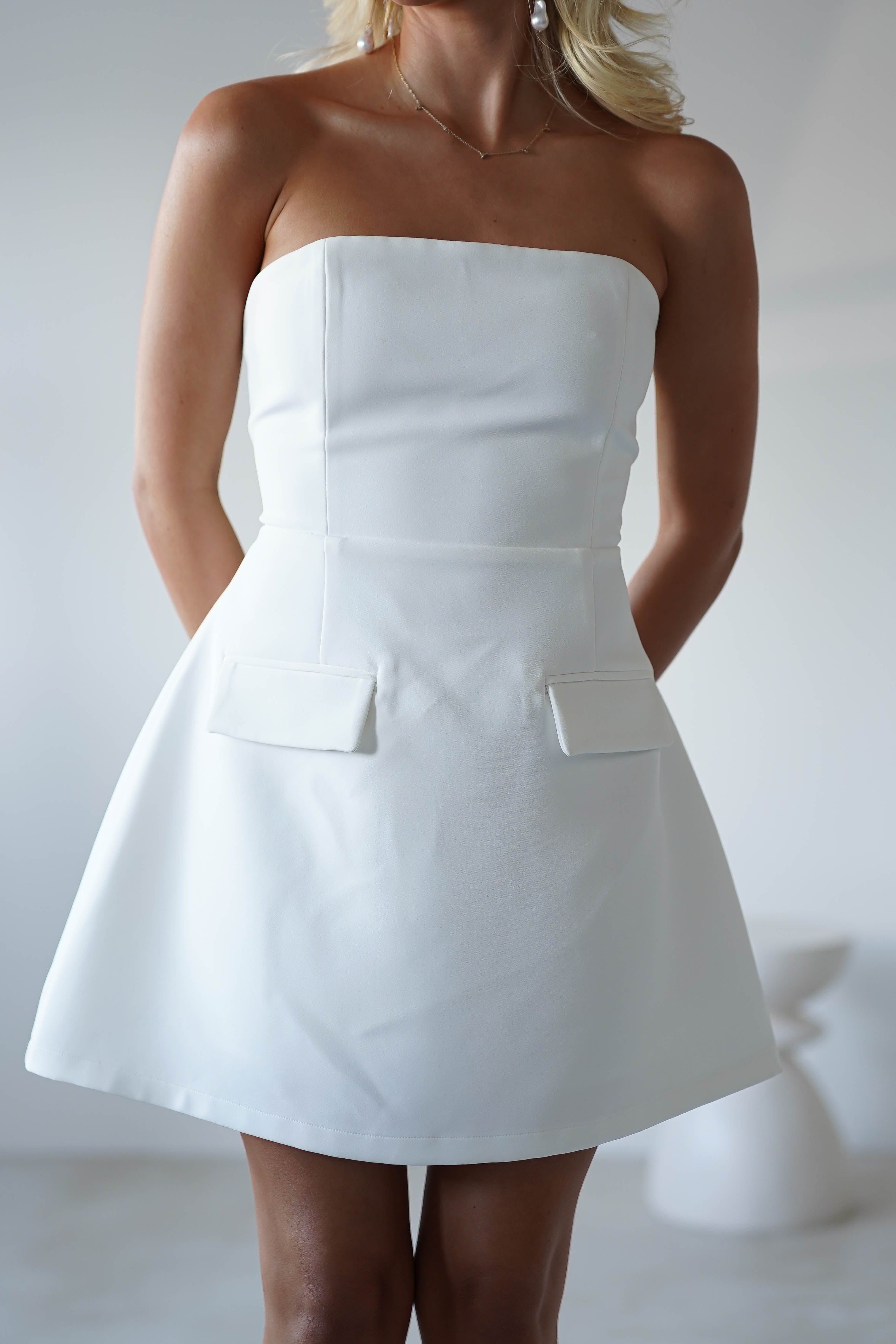 Karla Structured Strapless Mini Dress | White | Graduation | Bride To Be Hen Dress | Oh Hello Clothing