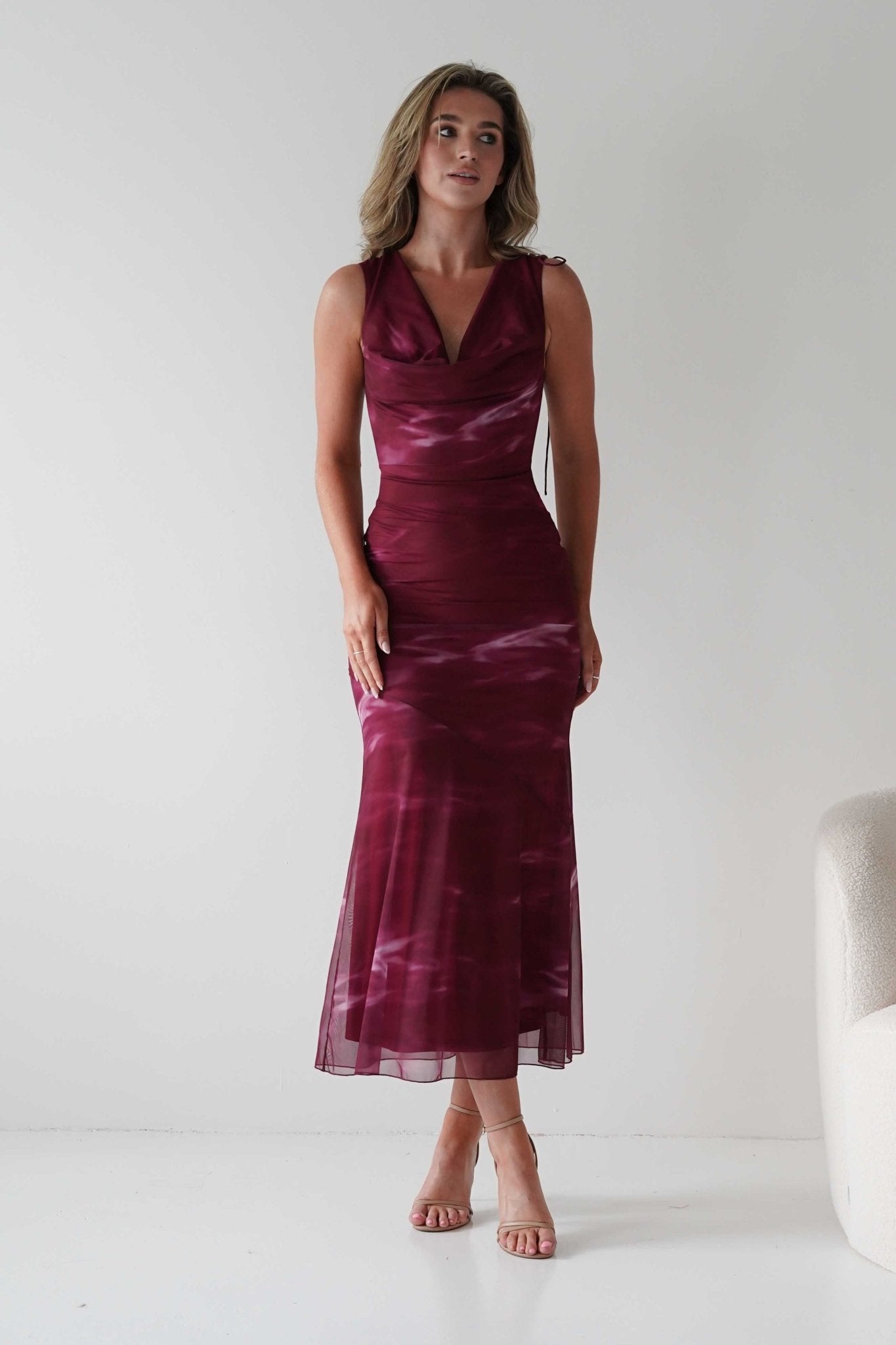 Drew Mesh Printed Maxi Dress Wine Print | Wedding Guest Dress | Maxi | Mesh | Oh Hello Clothing