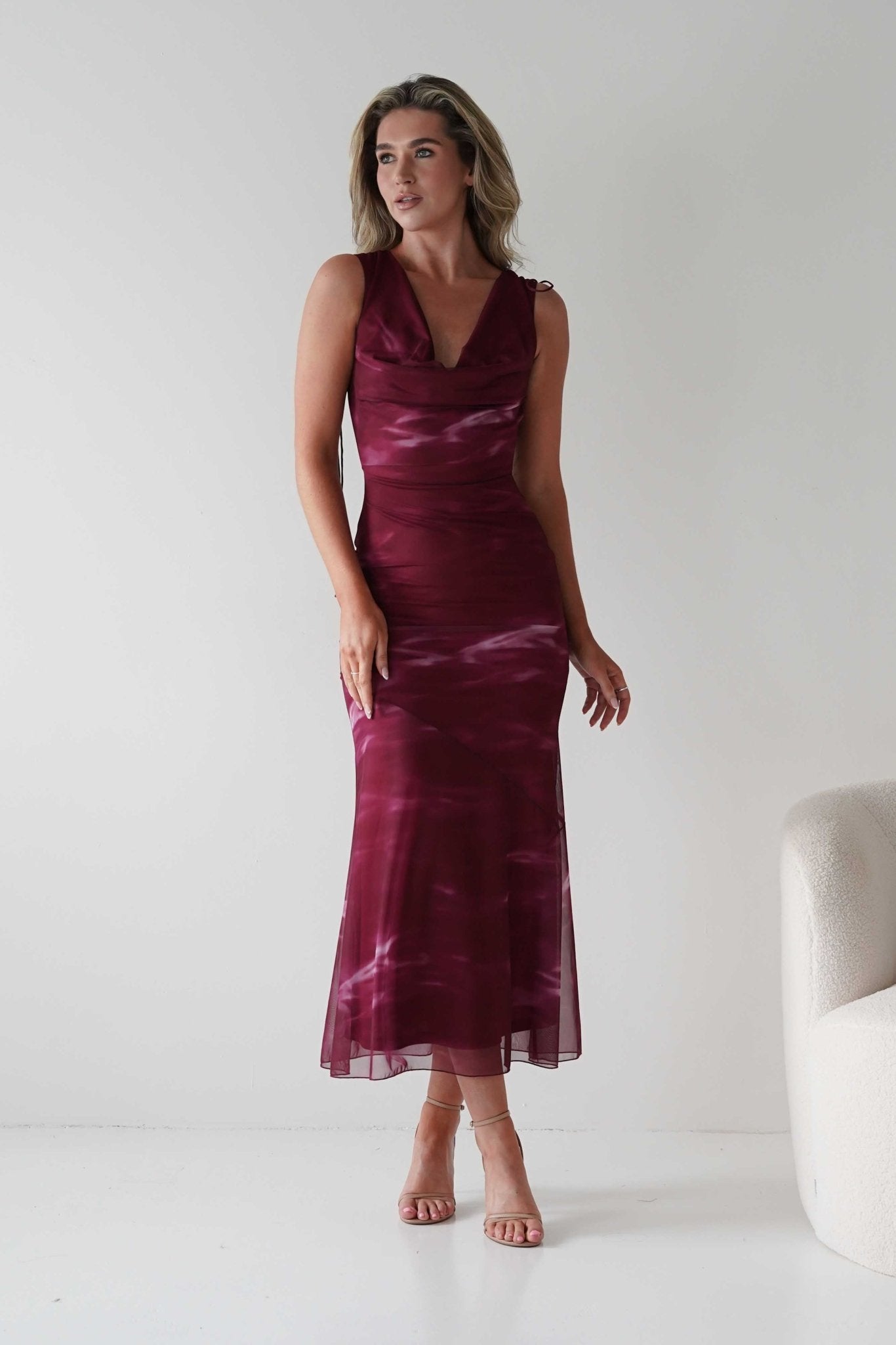 Drew Mesh Printed Maxi Dress Wine Print | Wedding Guest Dress | Maxi | Mesh | Oh Hello Clothing