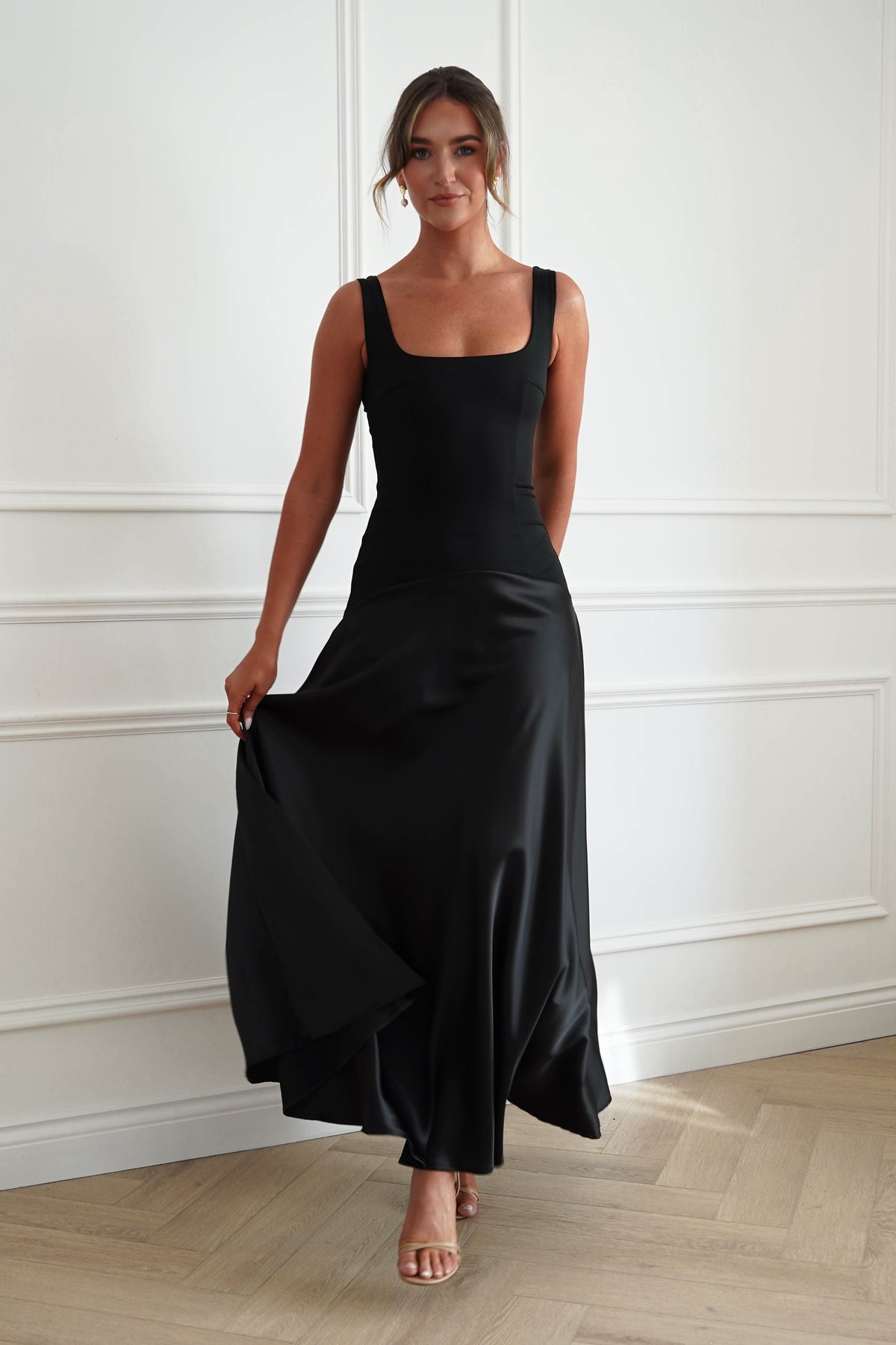 Oh Hello Clothing Dresses > Prom Dresses Elena Square Neck Soft Satin Maxi Dress | Black