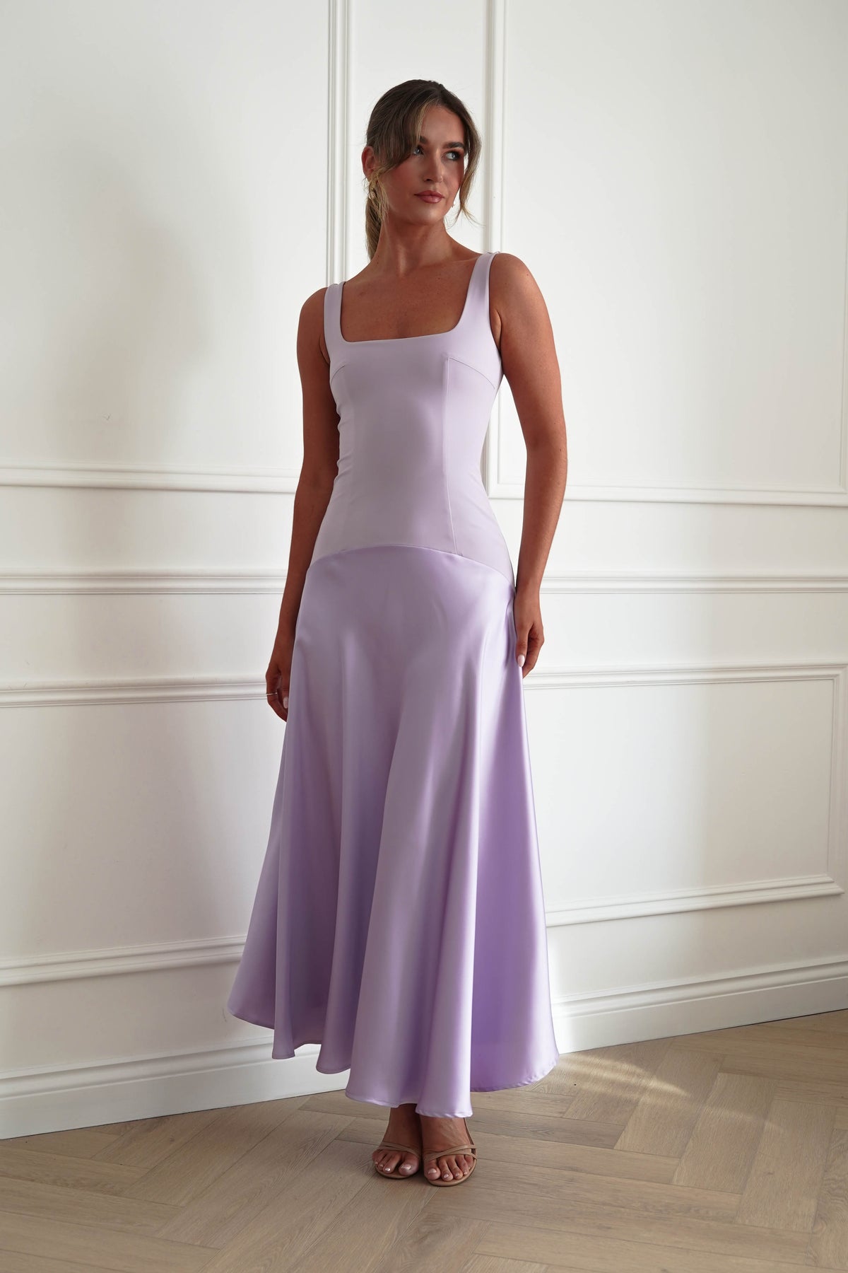 Oh Hello Clothing Dresses > Prom Dresses Elena Square Neck Soft Satin Maxi Dress | Lilac