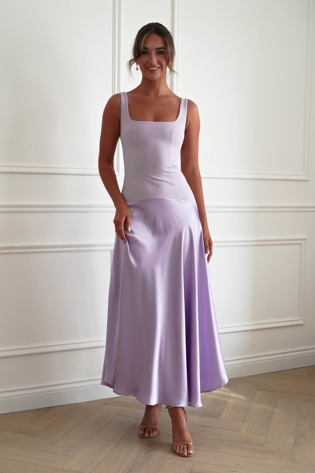Oh Hello Clothing Dresses > Prom Dresses Elena Square Neck Soft Satin Maxi Dress | Lilac