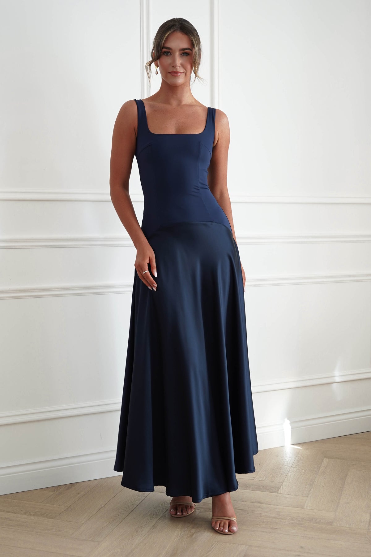 Oh Hello Clothing Dresses > Prom Dresses Elena Square Neck Soft Satin Maxi Dress | Navy