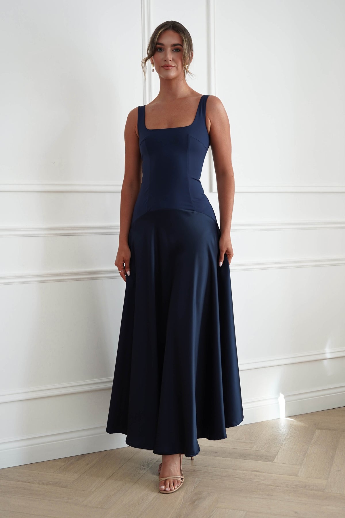 Oh Hello Clothing Dresses > Prom Dresses Elena Square Neck Soft Satin Maxi Dress | Navy