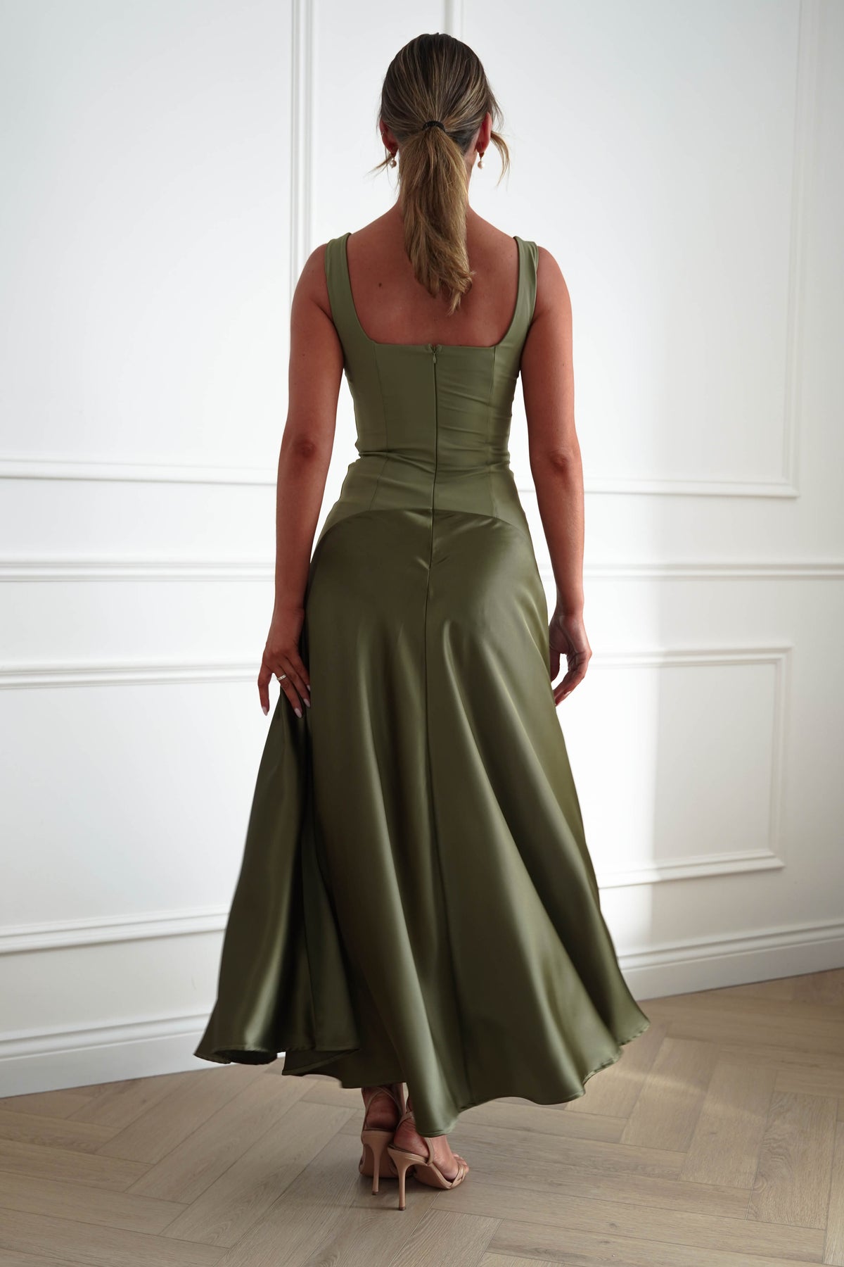 Oh Hello Clothing Dresses > Prom Dresses Elena Square Neck Soft Satin Maxi Dress | Olive