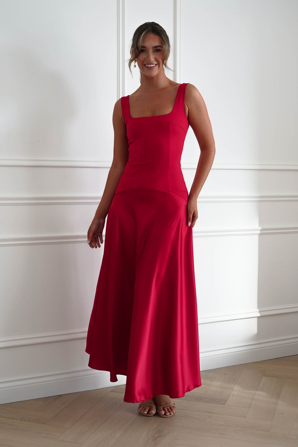 Oh Hello Clothing Dresses > Prom Dresses Elena Square Neck Soft Satin Maxi Dress | Red