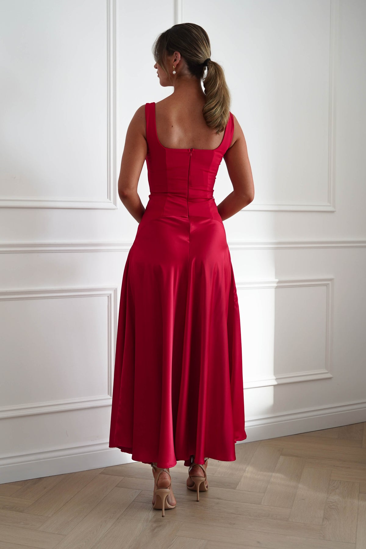 Oh Hello Clothing Dresses > Prom Dresses Elena Square Neck Soft Satin Maxi Dress | Red