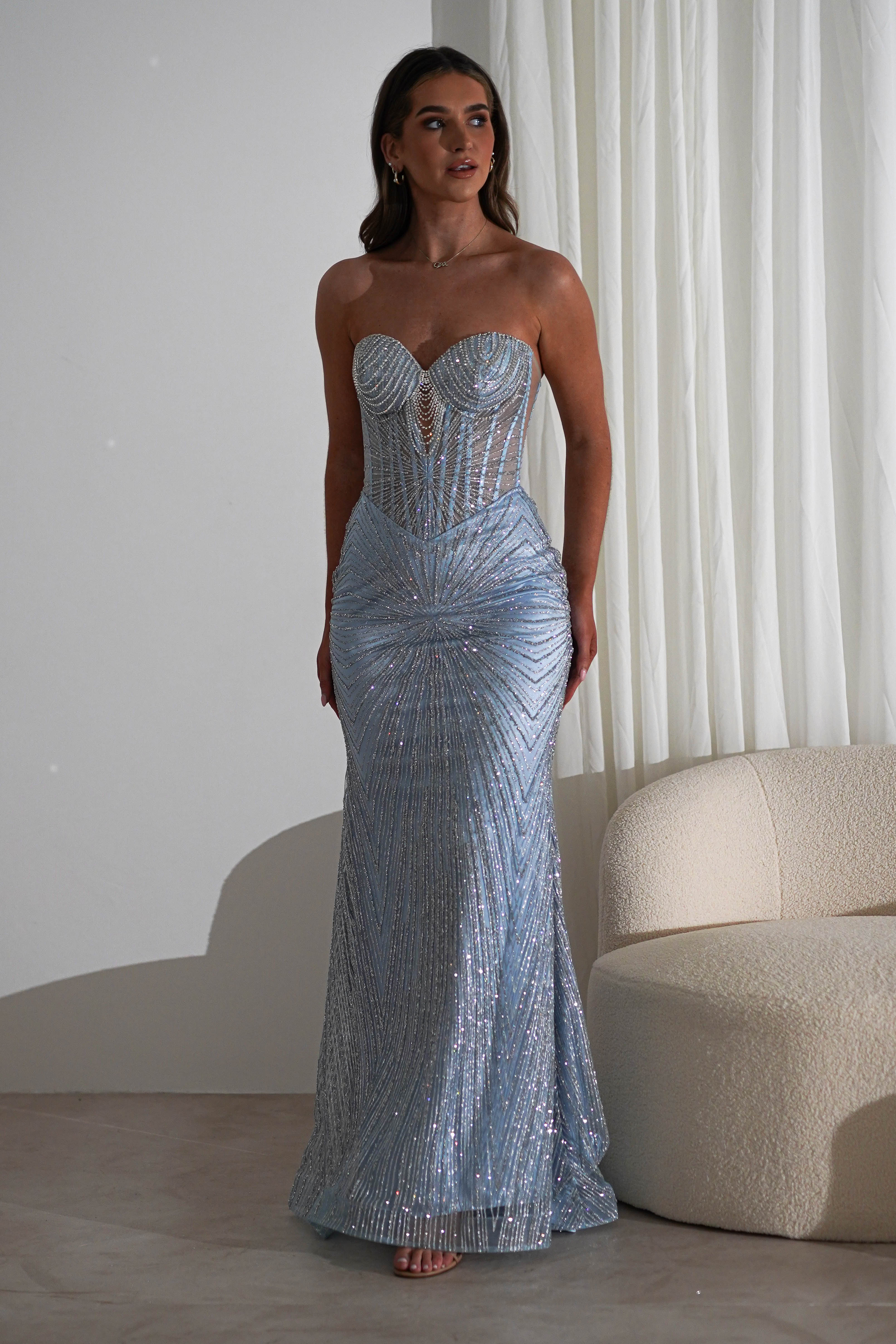Elyse Glitter Strapless Gown | Light Blue/Silver | Debs & Prom | Formal Gown | Oh Hello Clothing