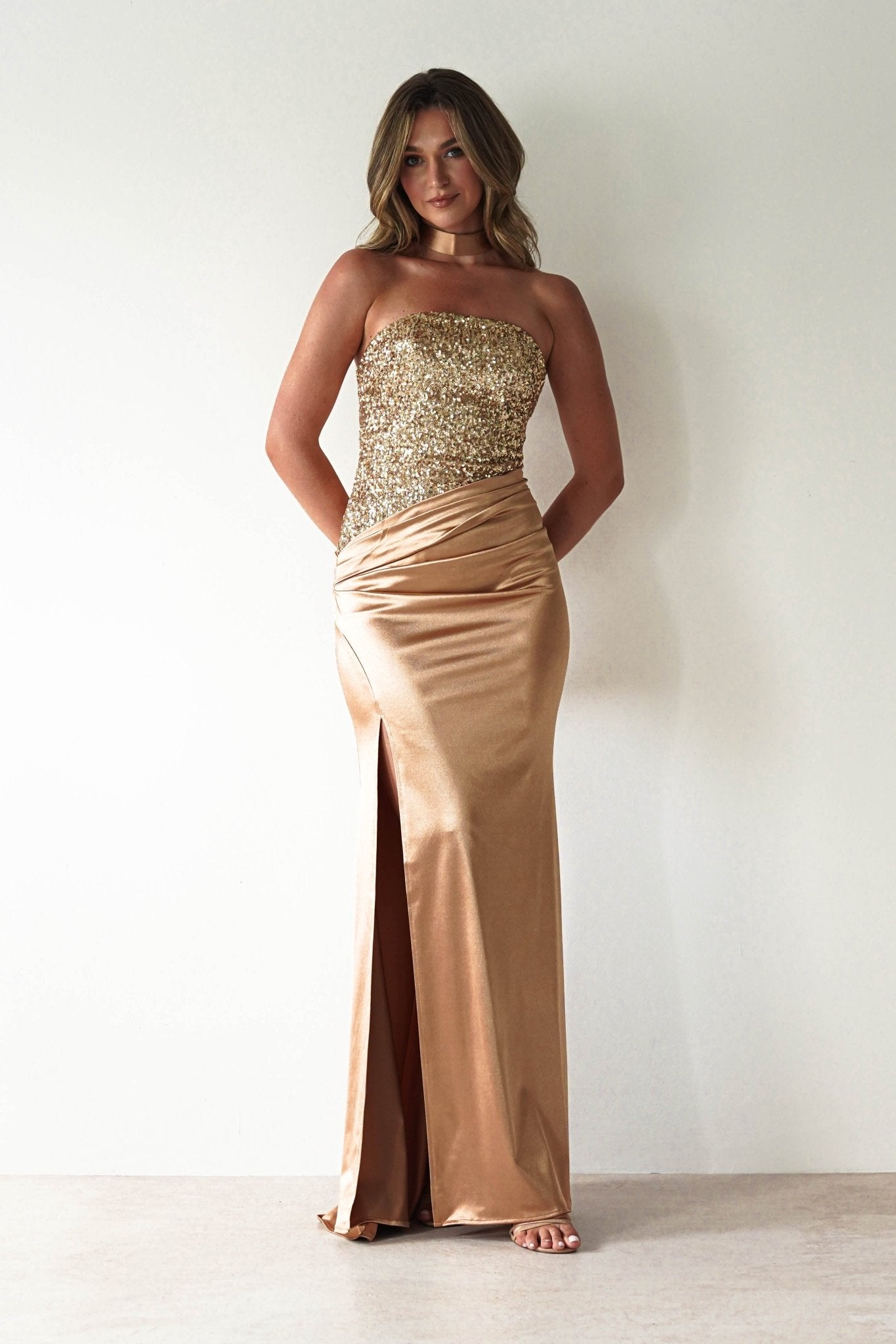 Elysia Sequin Embellished Bodice Gown | Gold | Debs & Prom | Formal Gown | Oh Hello Clothing