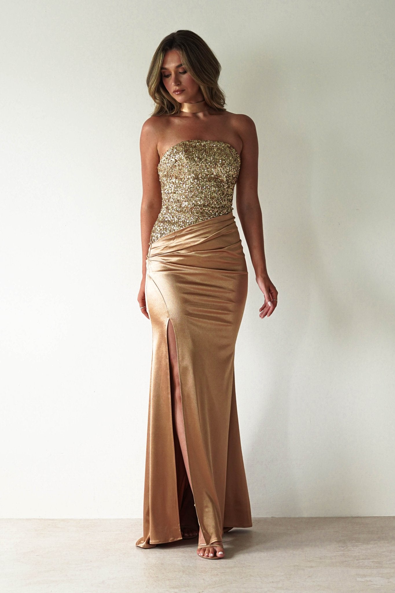 Elysia Sequin Embellished Bodice Gown | Gold | Debs & Prom | Formal Gown | Oh Hello Clothing