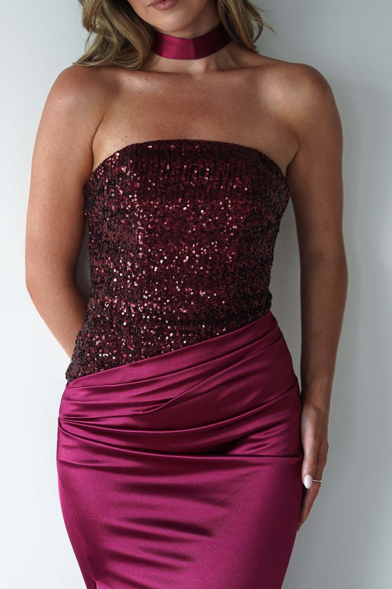 Elysia Sequin Embellished Bodice Gown | Wine | Debs & Prom | Formal Gown | Oh Hello Clothing