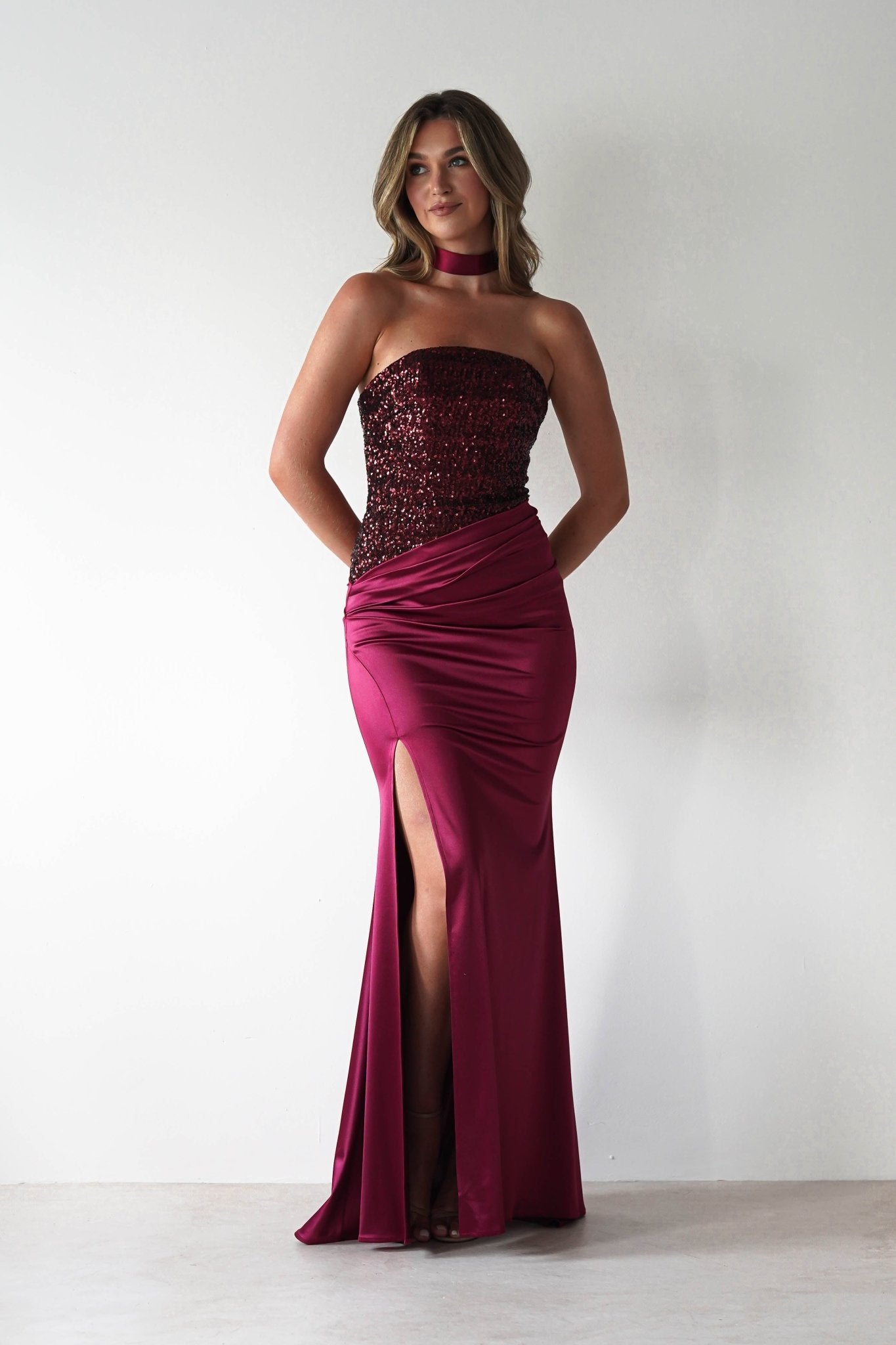 Elysia Sequin Embellished Bodice Gown | Wine | Debs & Prom | Formal Gown | Oh Hello Clothing