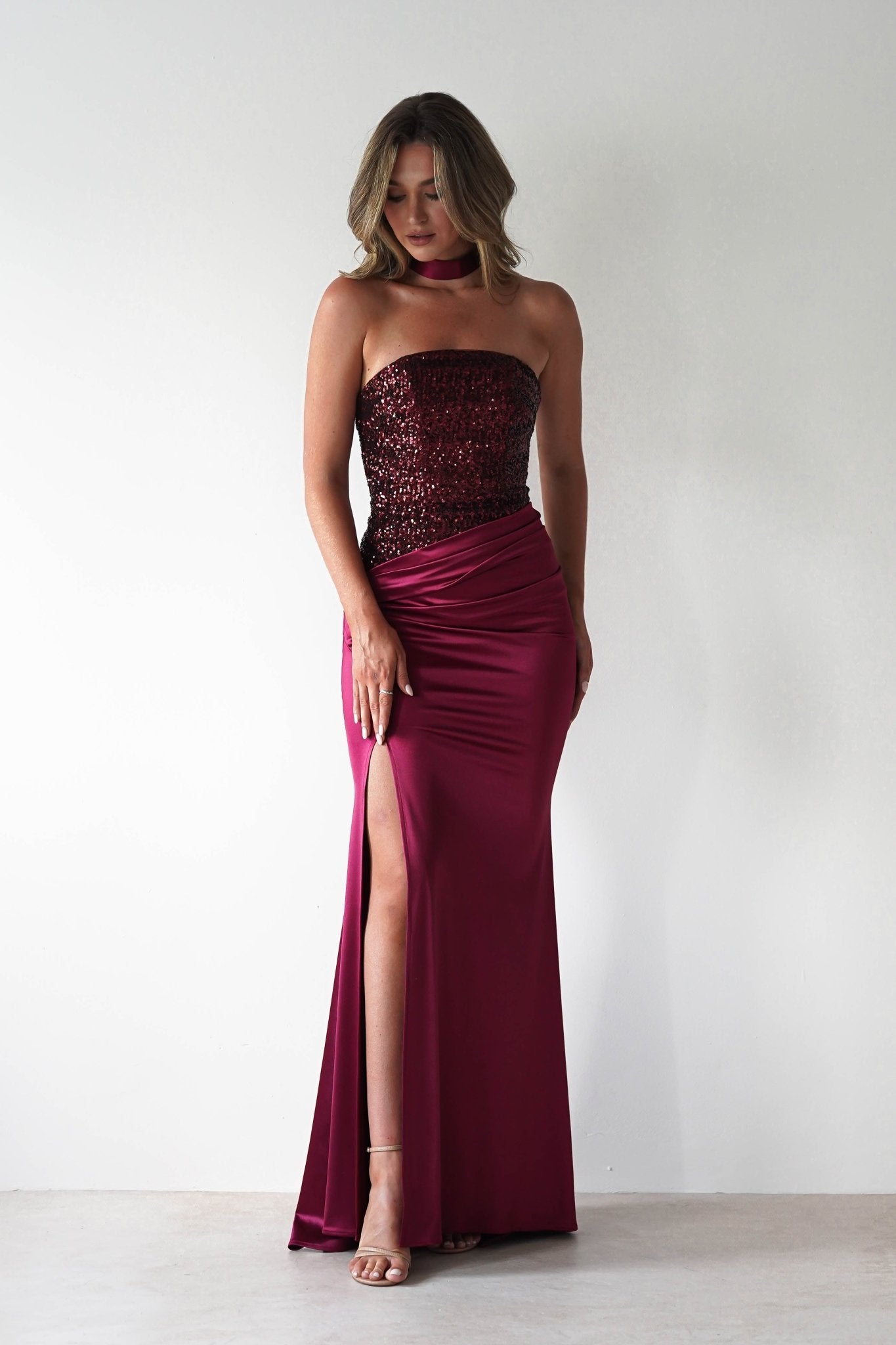 Elysia Sequin Embellished Bodice Gown | Wine | Debs & Prom | Formal Gown | Oh Hello Clothing