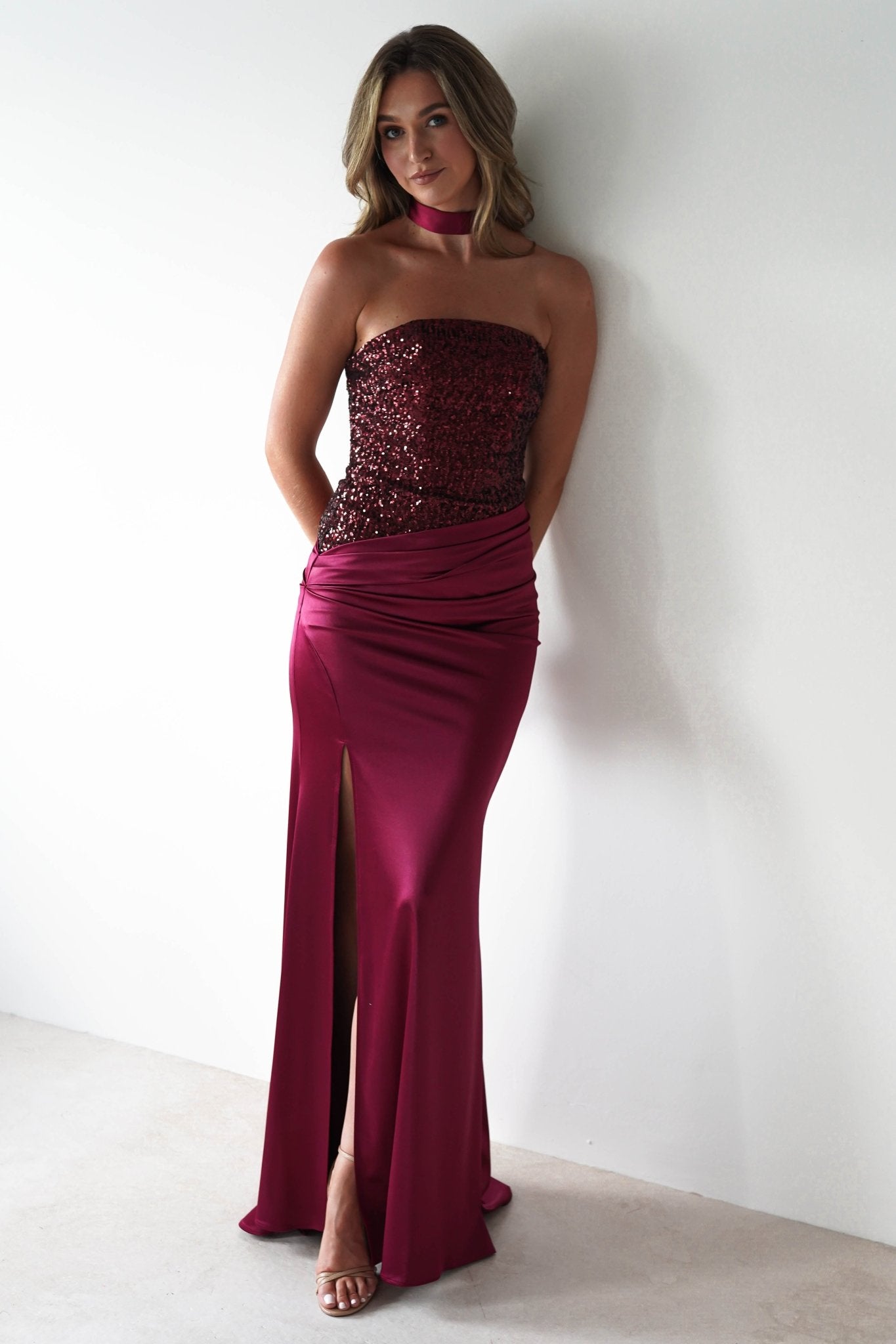 Elysia Sequin Embellished Bodice Gown | Wine | Debs & Prom | Formal Gown | Oh Hello Clothing