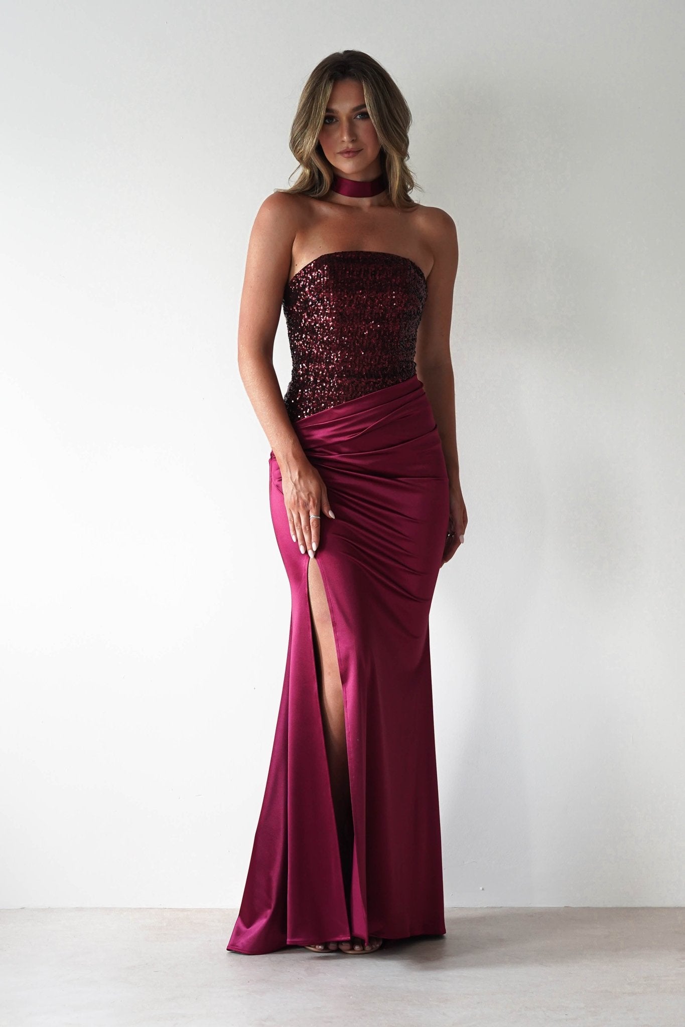 Elysia Sequin Embellished Bodice Gown | Wine | Debs & Prom | Formal Gown | Oh Hello Clothing