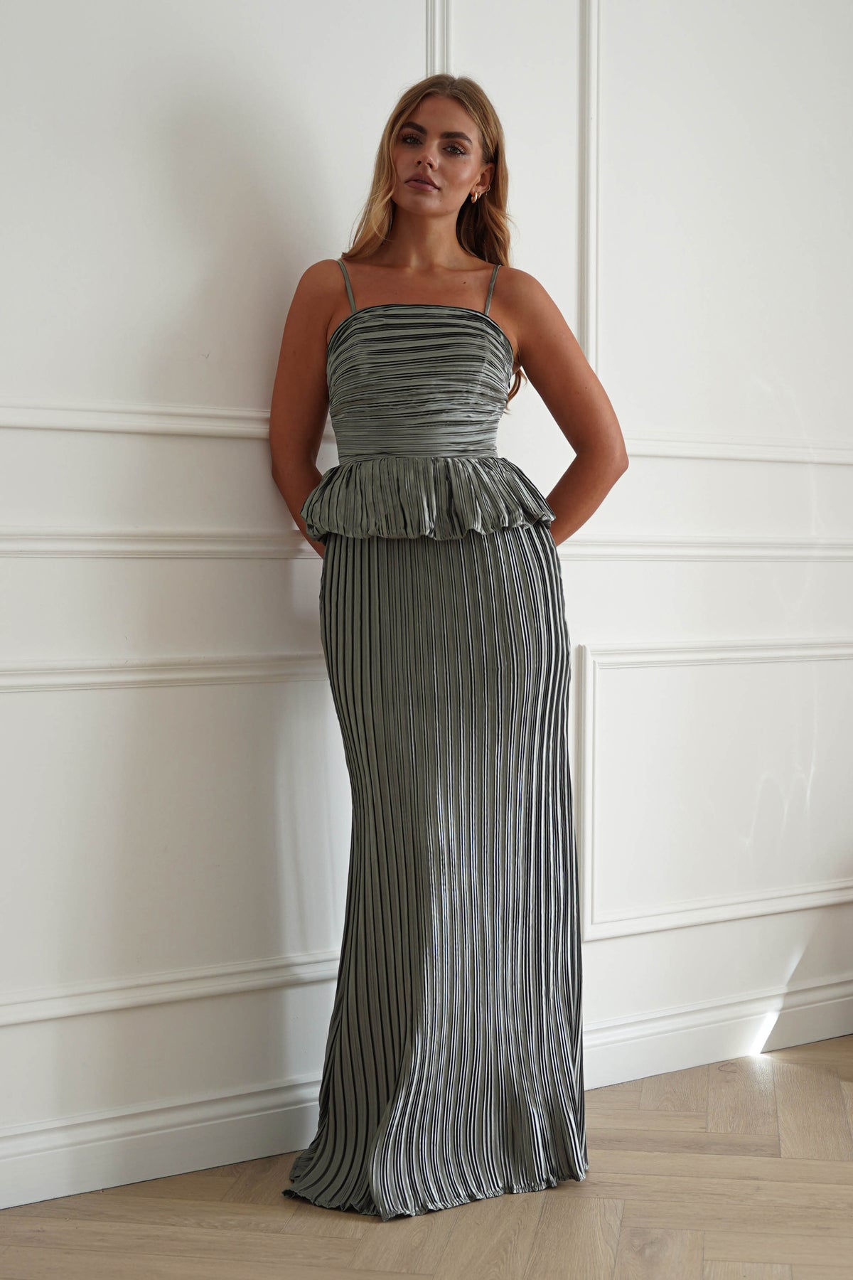 Oh Hello Clothing Women > Clothing > Dresses Ember Pleated Peplum Maxi Dress | Light Sage