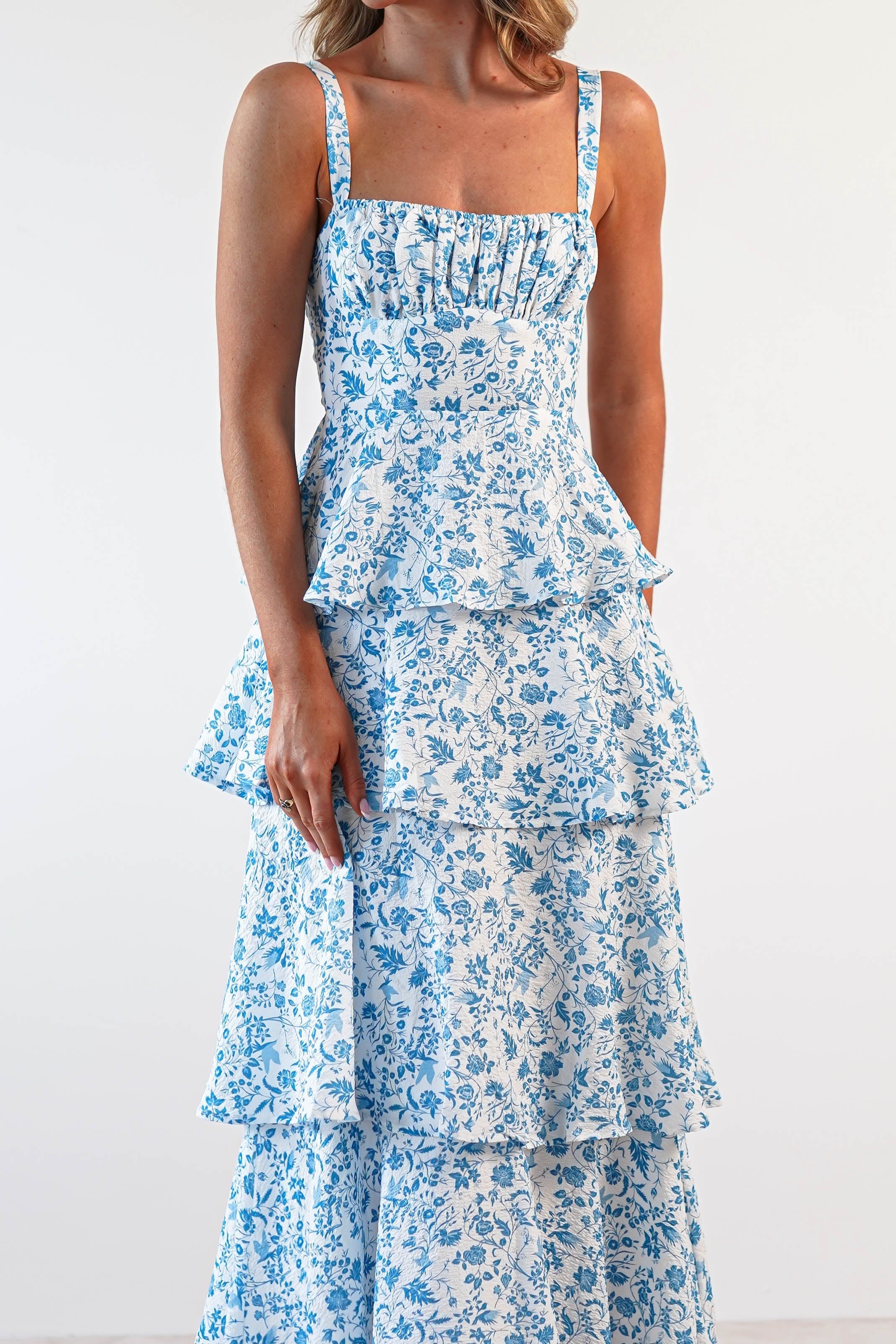 Emily Floral Ruffle Maxi Dress Blue/White | Wedding Guest Dress | Maxi | Oh Hello Clothing