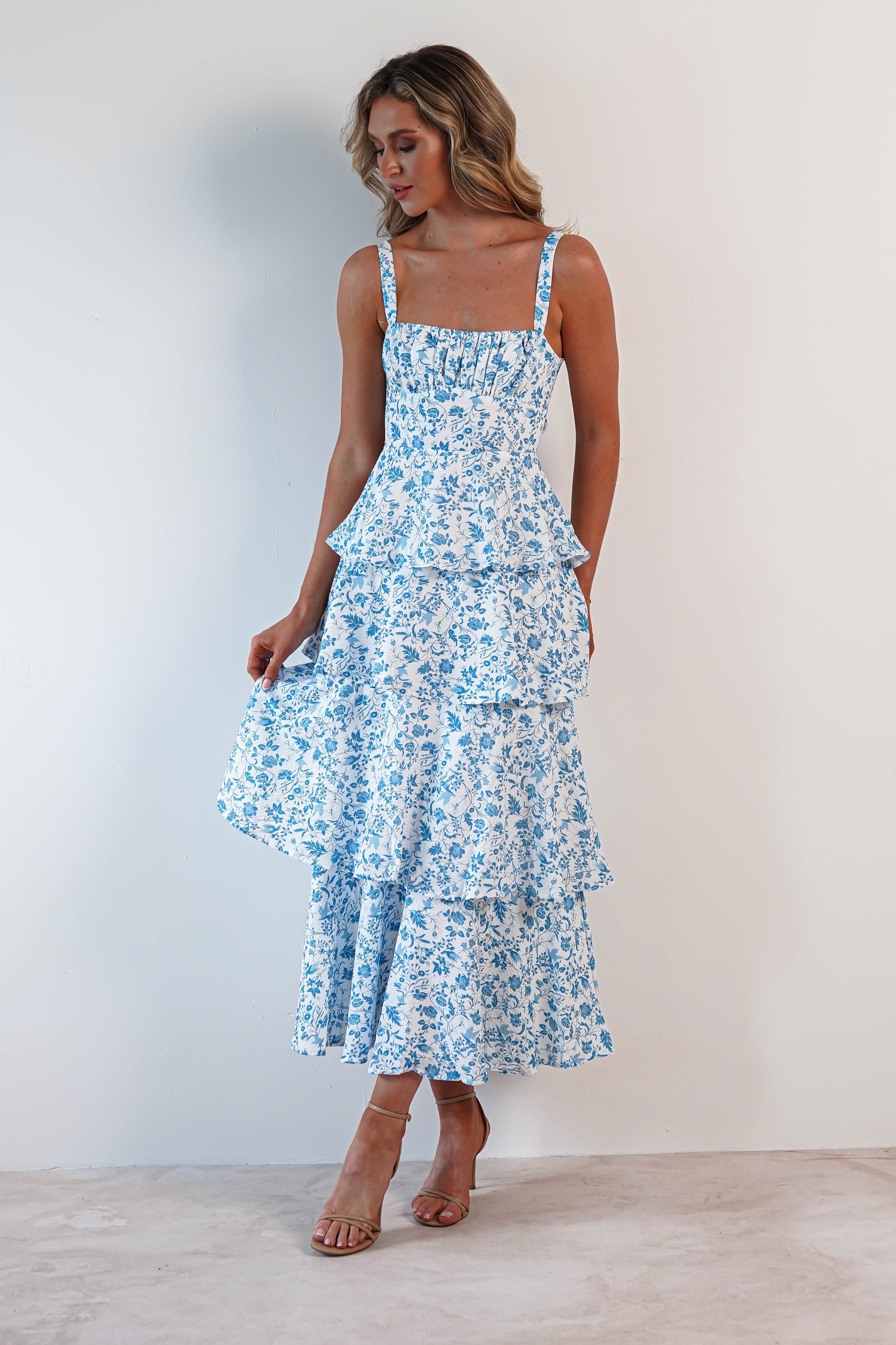 Emily Floral Ruffle Maxi Dress Blue/White | Wedding Guest Dress | Maxi | Oh Hello Clothing