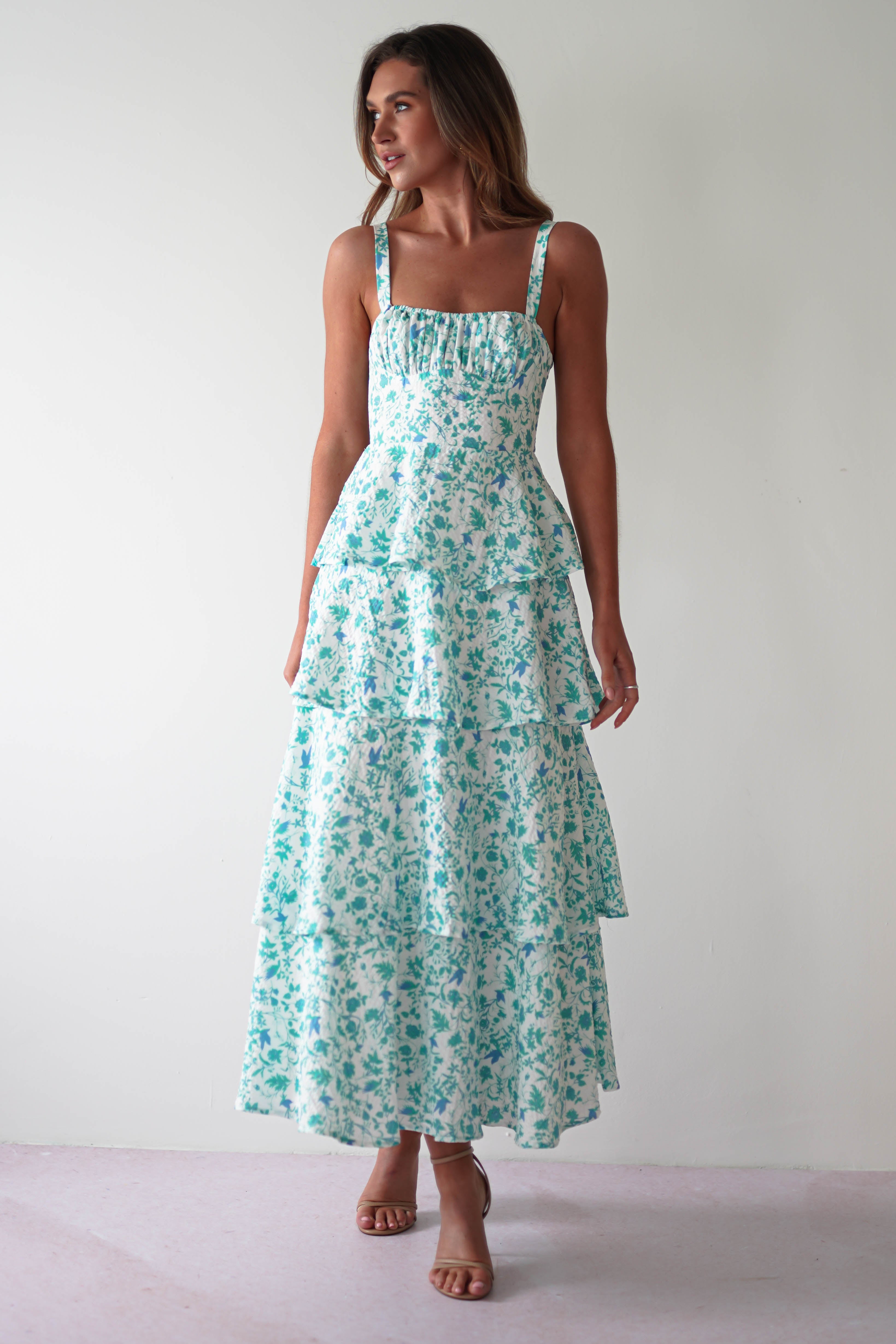 Emily Floral Ruffle Maxi Dress Green/White | Wedding Guest Dress | Maxi | Oh Hello Clothing