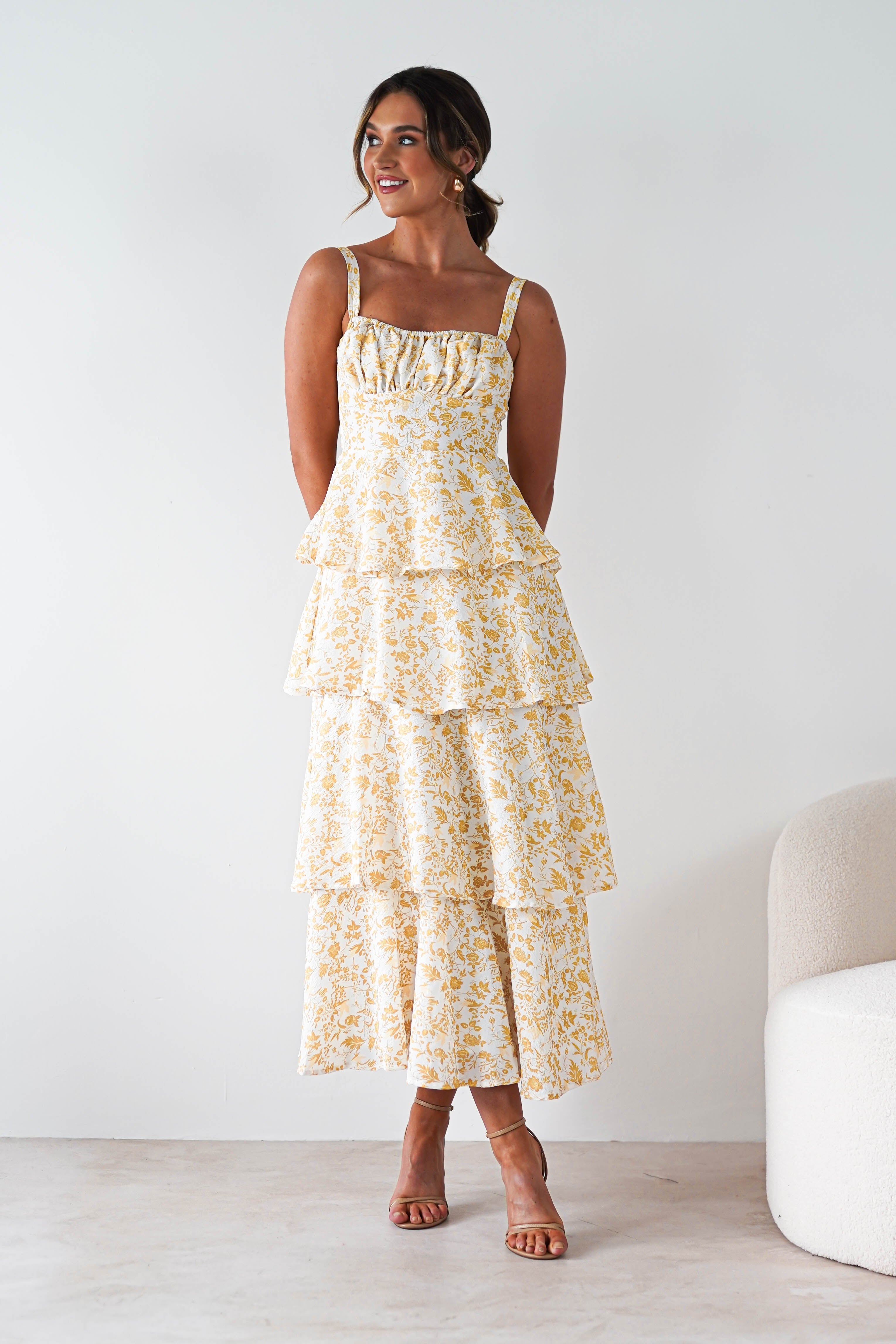 Emily Floral Ruffle Maxi Dress Yellow Print | Wedding Guest Dress | Maxi | Oh Hello Clothing