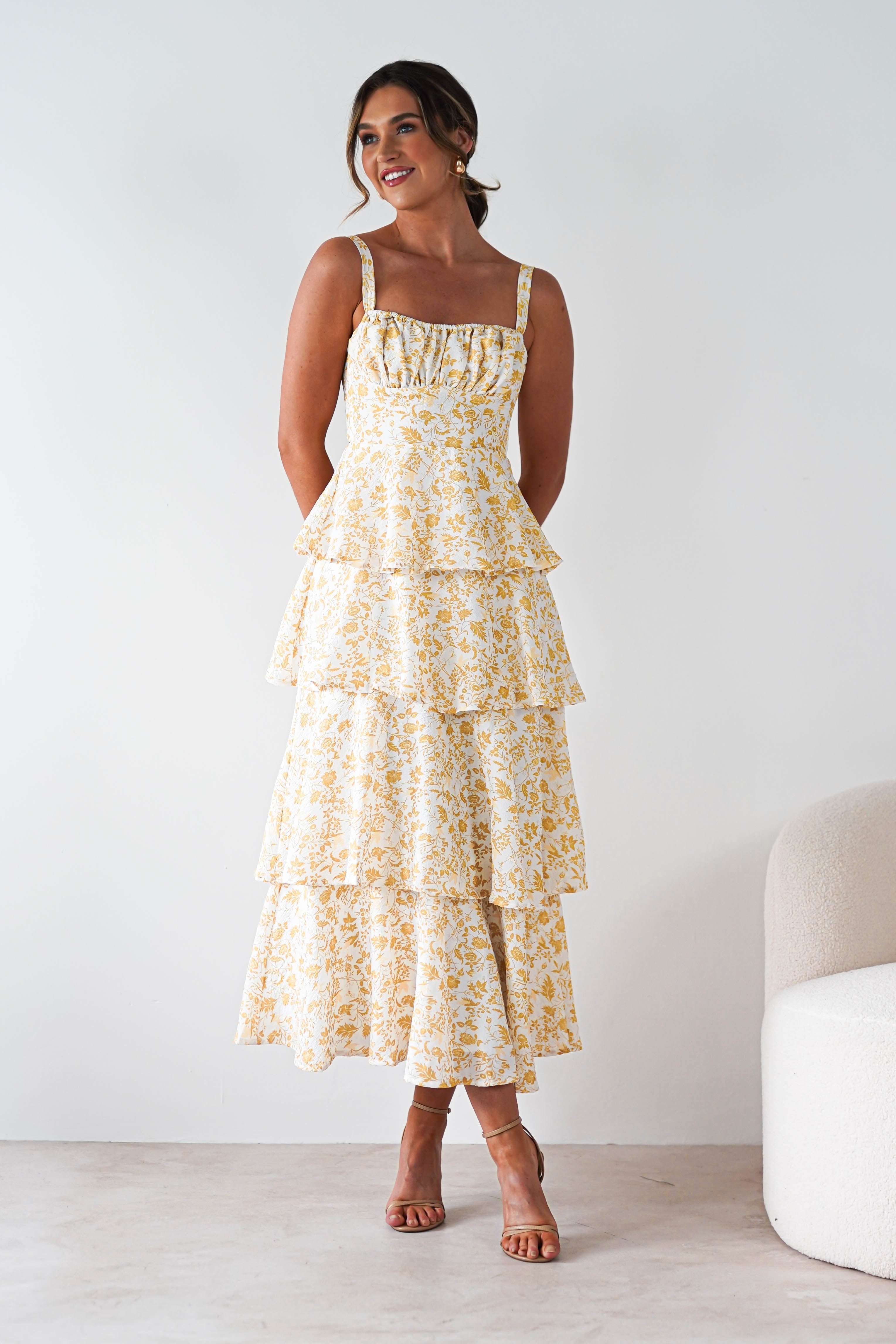 Emily Floral Ruffle Maxi Dress Yellow Print | Wedding Guest Dress | Maxi | Oh Hello Clothing