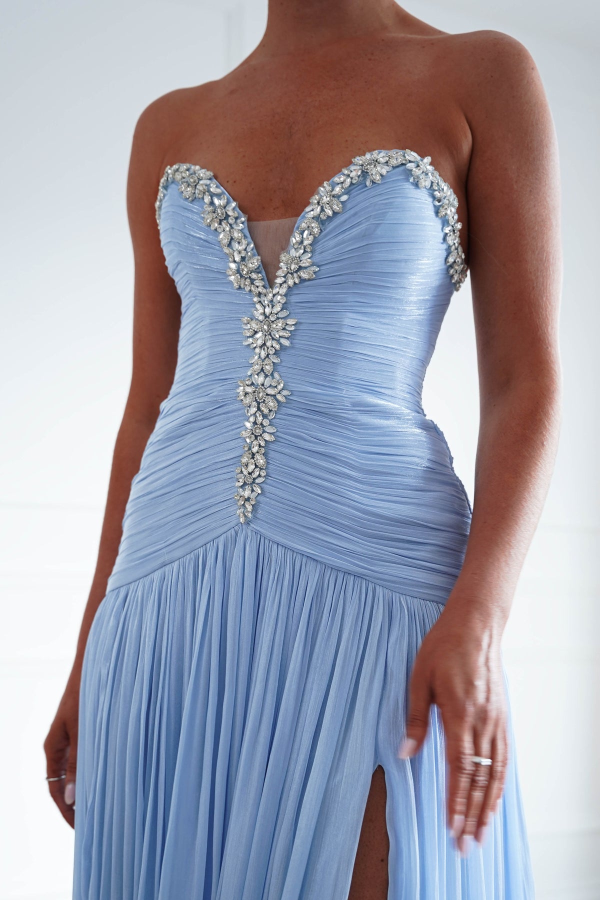 Oh Hello Clothing Dresses > Prom Dresses Estella Diamante Trim Ruched Maxi Gown | Blue