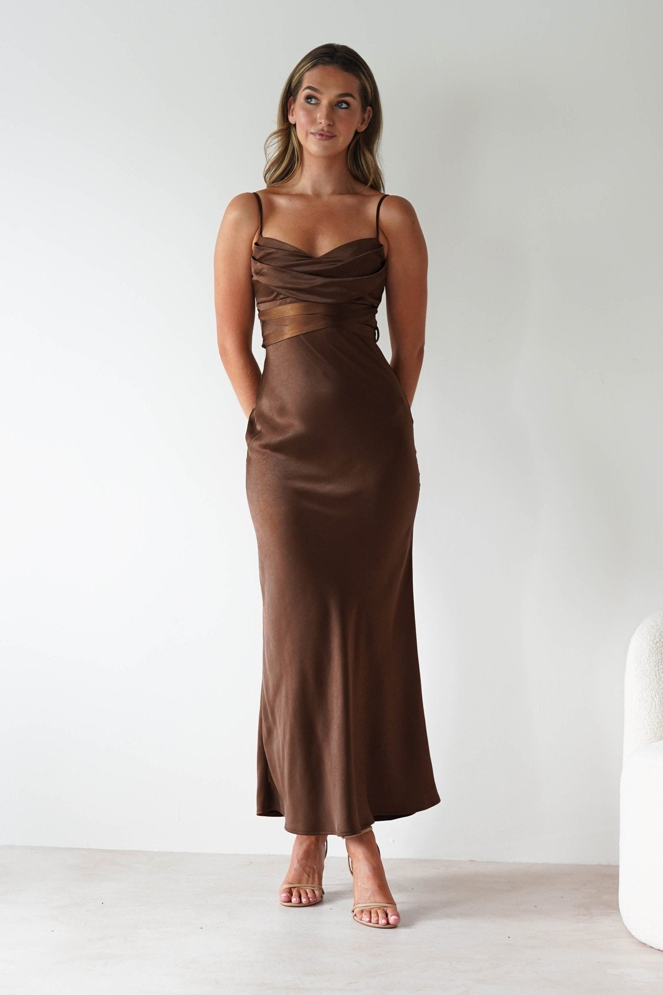 Everleigh Soft Satin Midaxi Dress Brown | Wedding Guest Dress | Satin | Oh Hello Clothing
