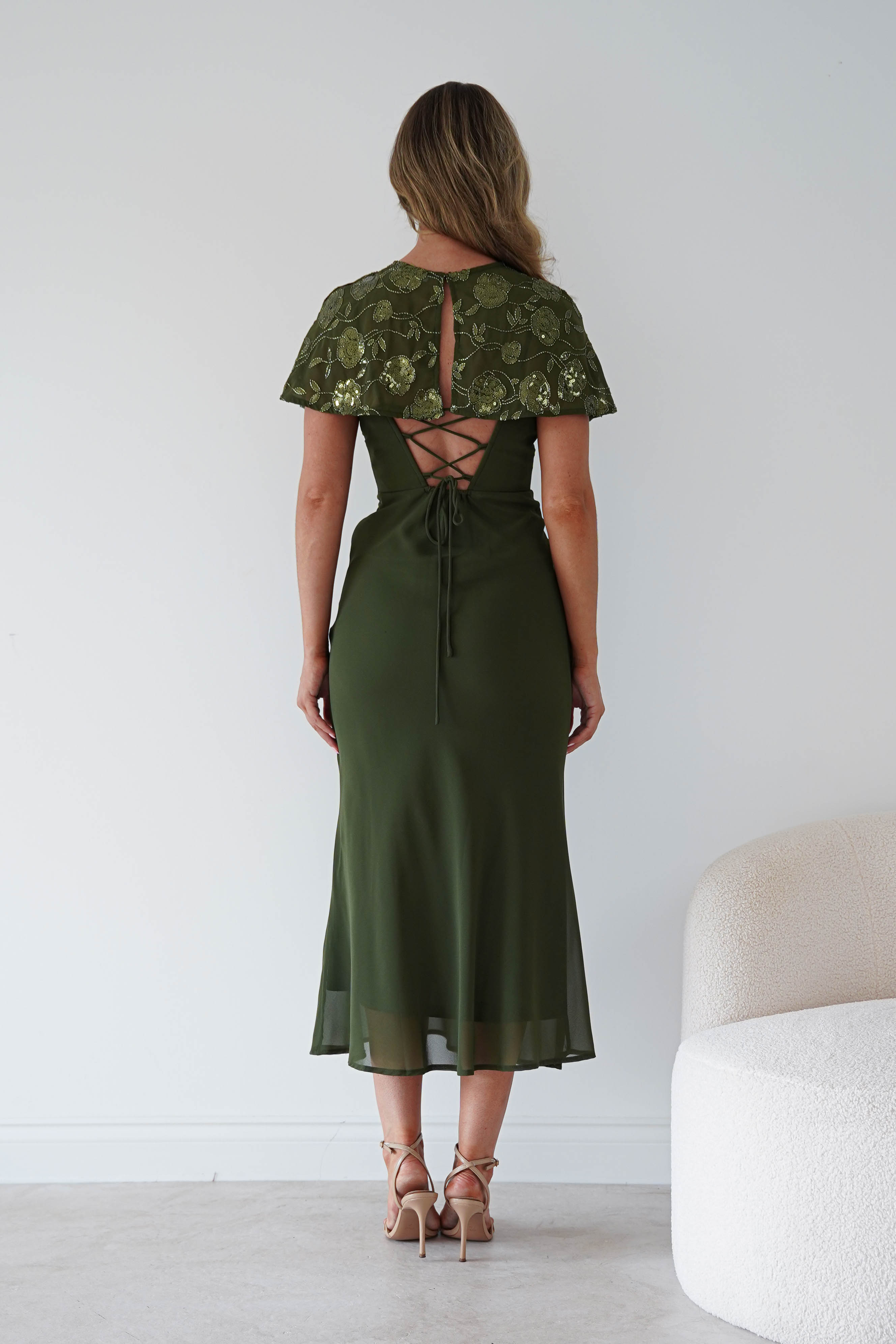 Oh Hello Clothing Women > Clothing > Dresses Fatima Sequin Cape Maxi Dress | Olive