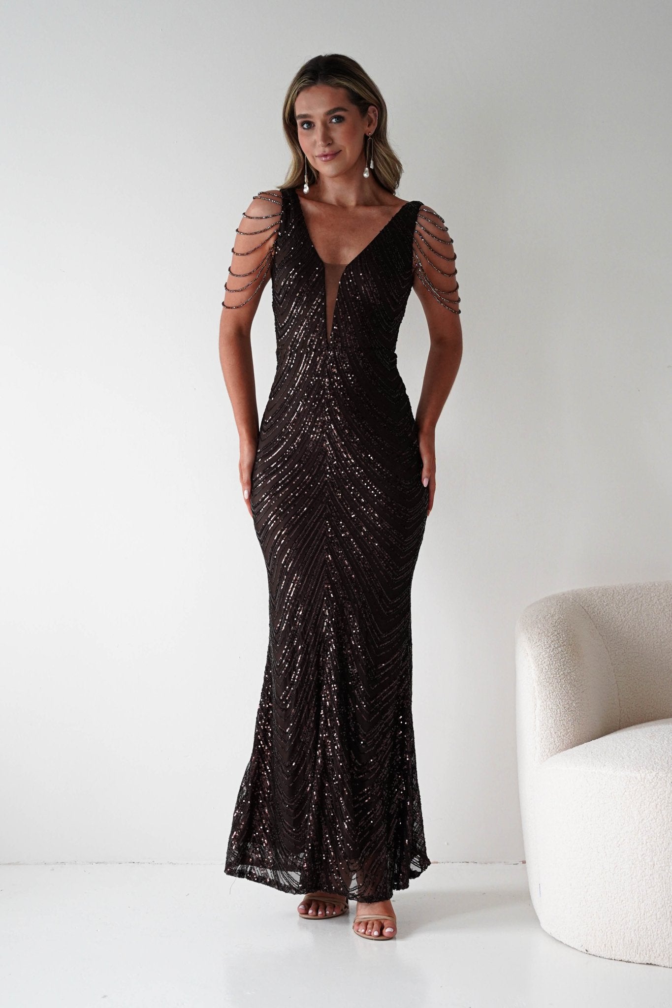 Fayette Embellished Sequin Gown | Brown | Debs & Prom | Oh Hello Clothing