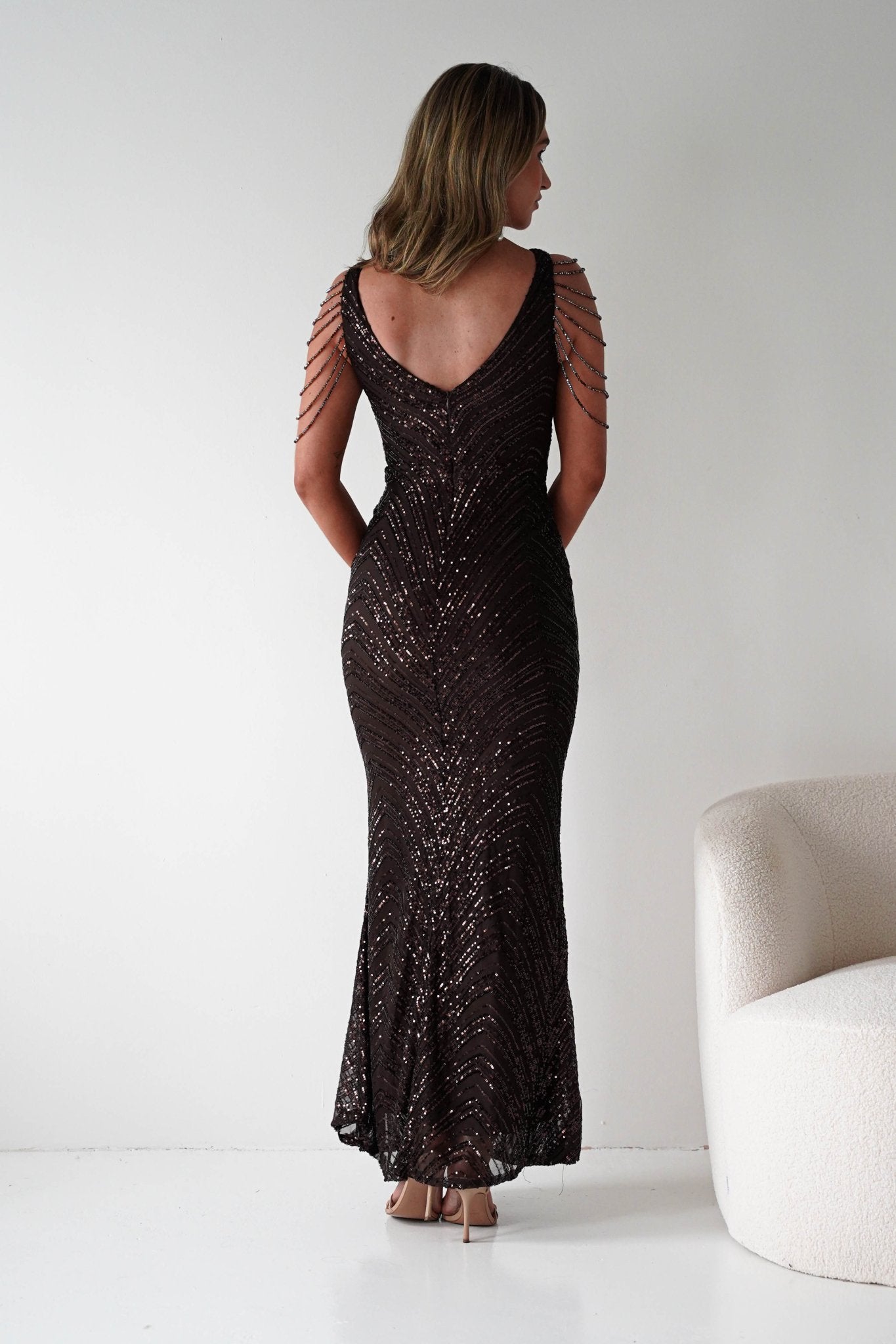 Fayette Embellished Sequin Gown | Brown | Debs & Prom | Oh Hello Clothing