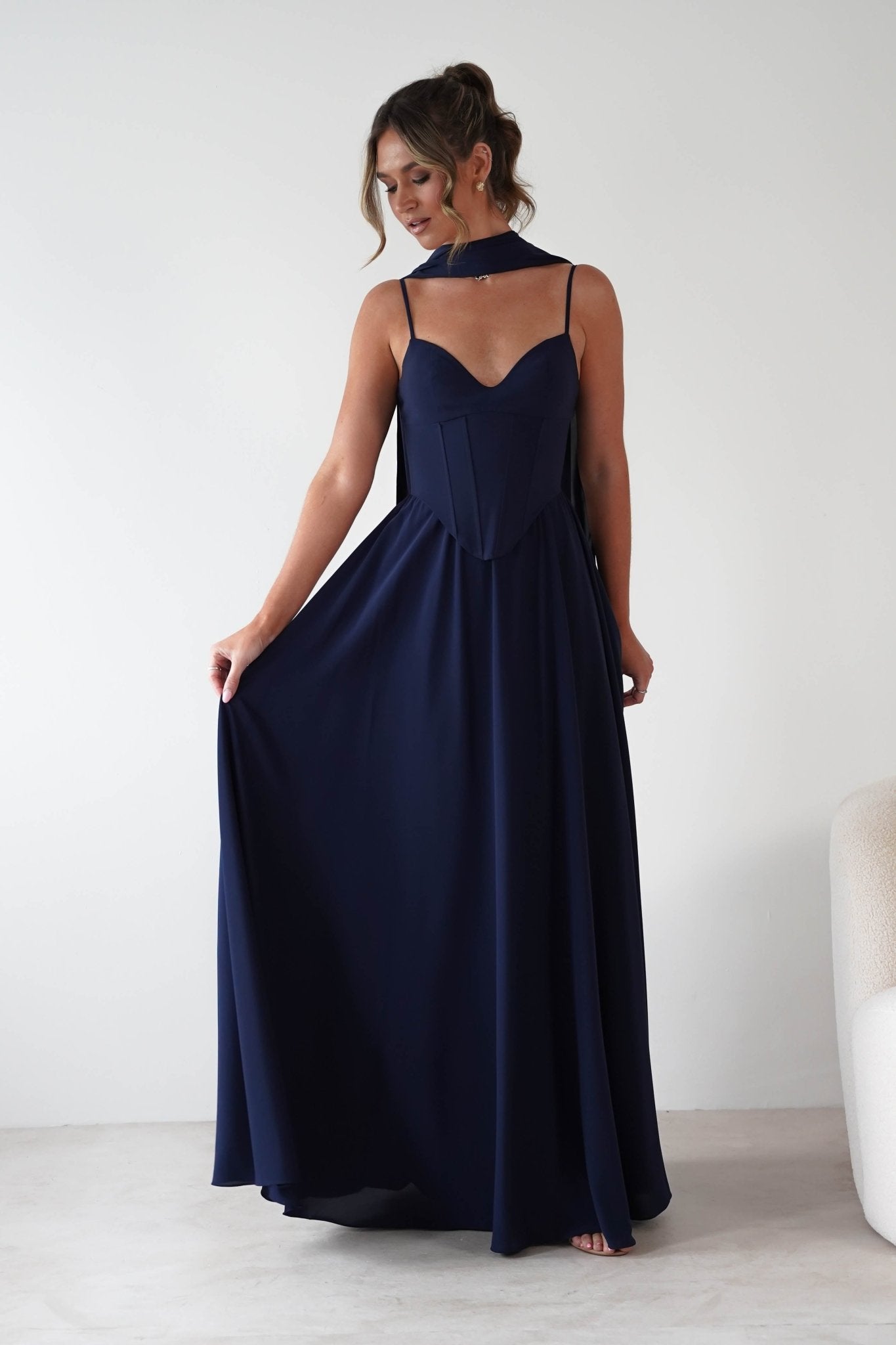 Felicity Lace Up Corset Maxi Dress Navy | Wedding Guest Dress | Corset Bodice | Maxi | Oh Hello Clothing