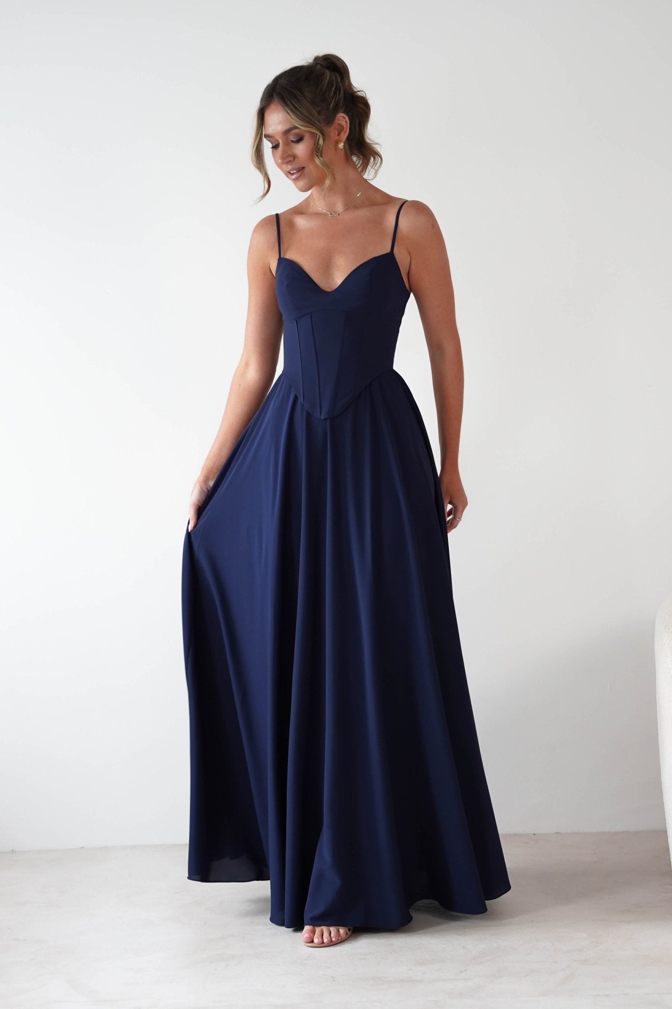 Felicity Lace Up Corset Maxi Dress Navy | Wedding Guest Dress | Corset Bodice | Maxi | Oh Hello Clothing