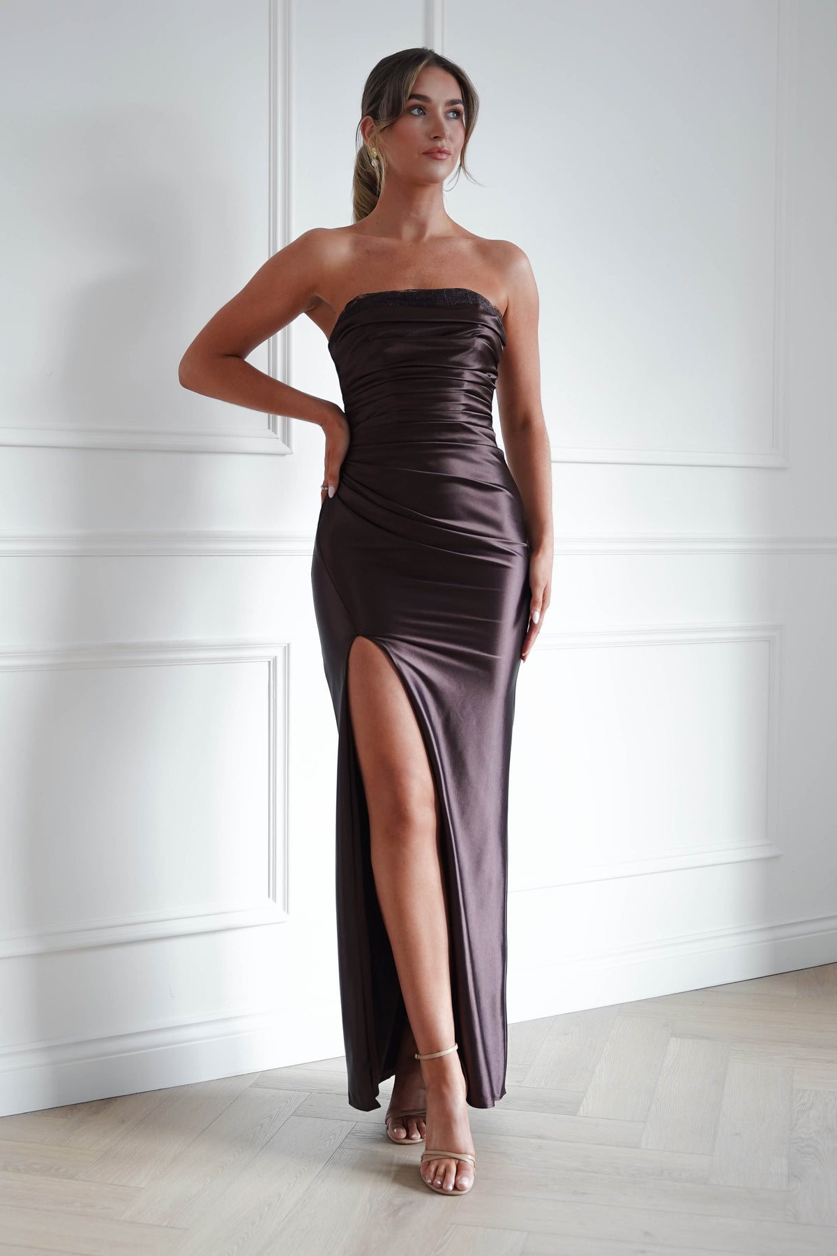 Oh Hello Clothing Dresses > Prom Dresses Flo Satin Lace Detail Maxi Dress | Brown