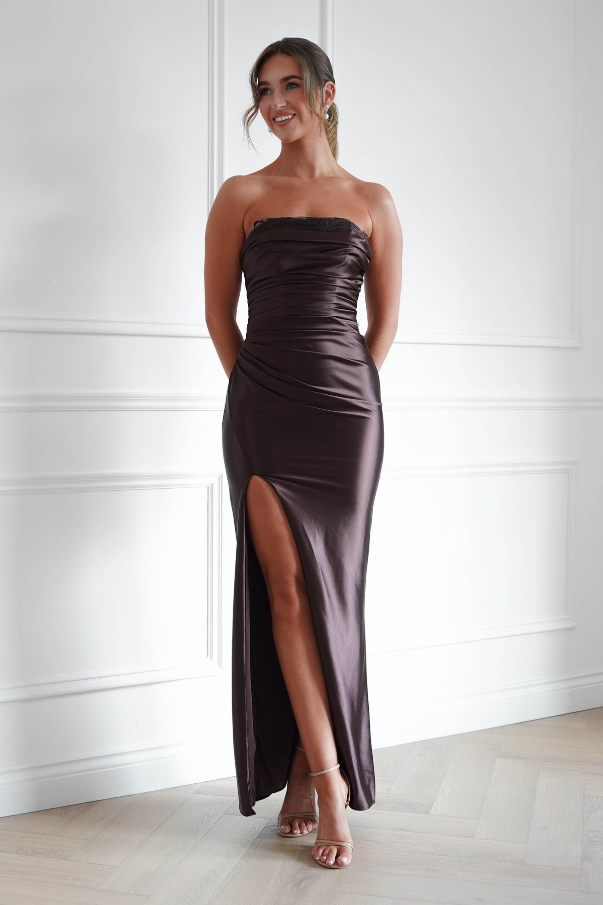 Oh Hello Clothing Dresses > Prom Dresses Flo Satin Lace Detail Maxi Dress | Brown