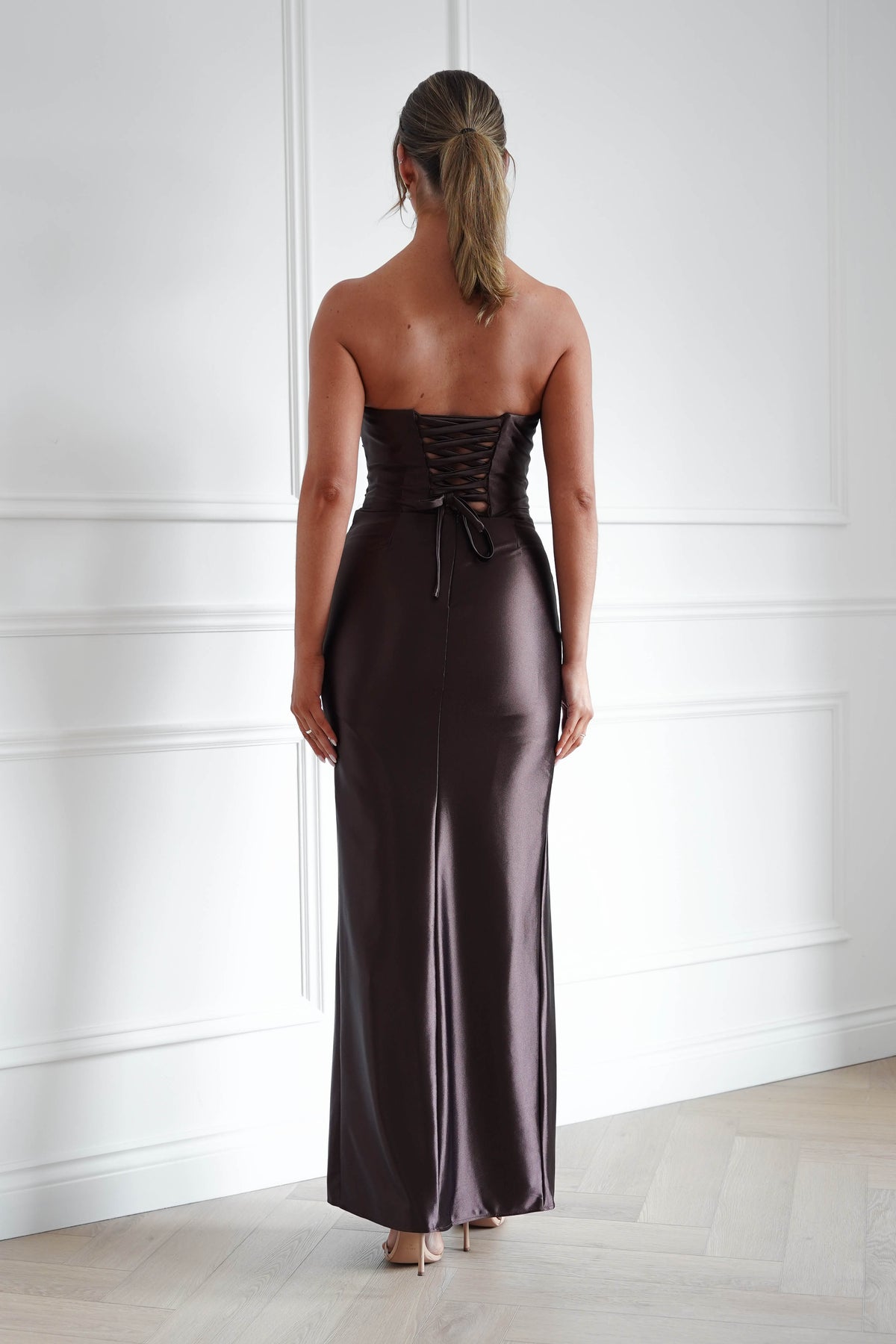 Oh Hello Clothing Dresses > Prom Dresses Flo Satin Lace Detail Maxi Dress | Brown