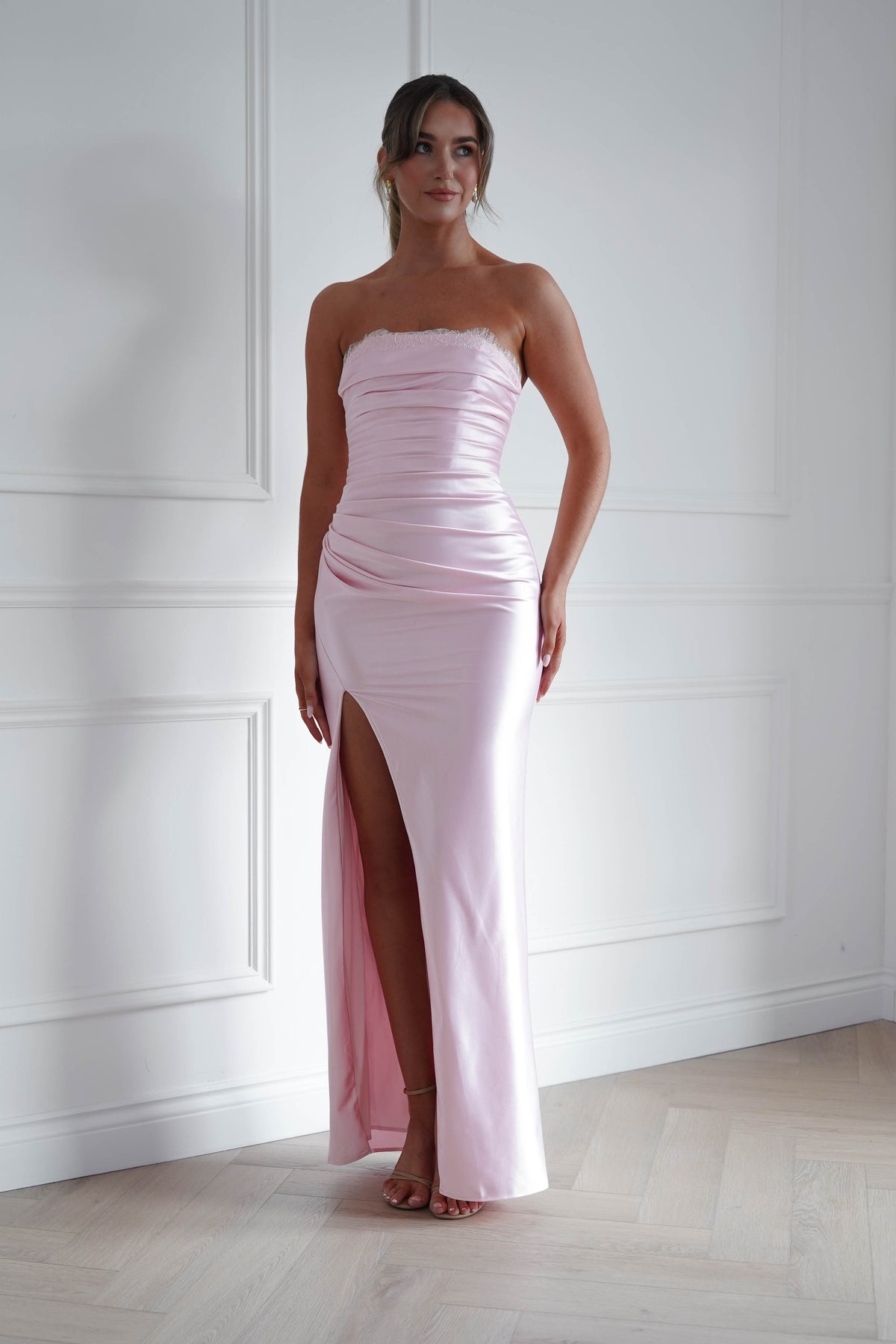Oh Hello Clothing Dresses > Prom Dresses Flo Satin Lace Detail Maxi Dress | Pink
