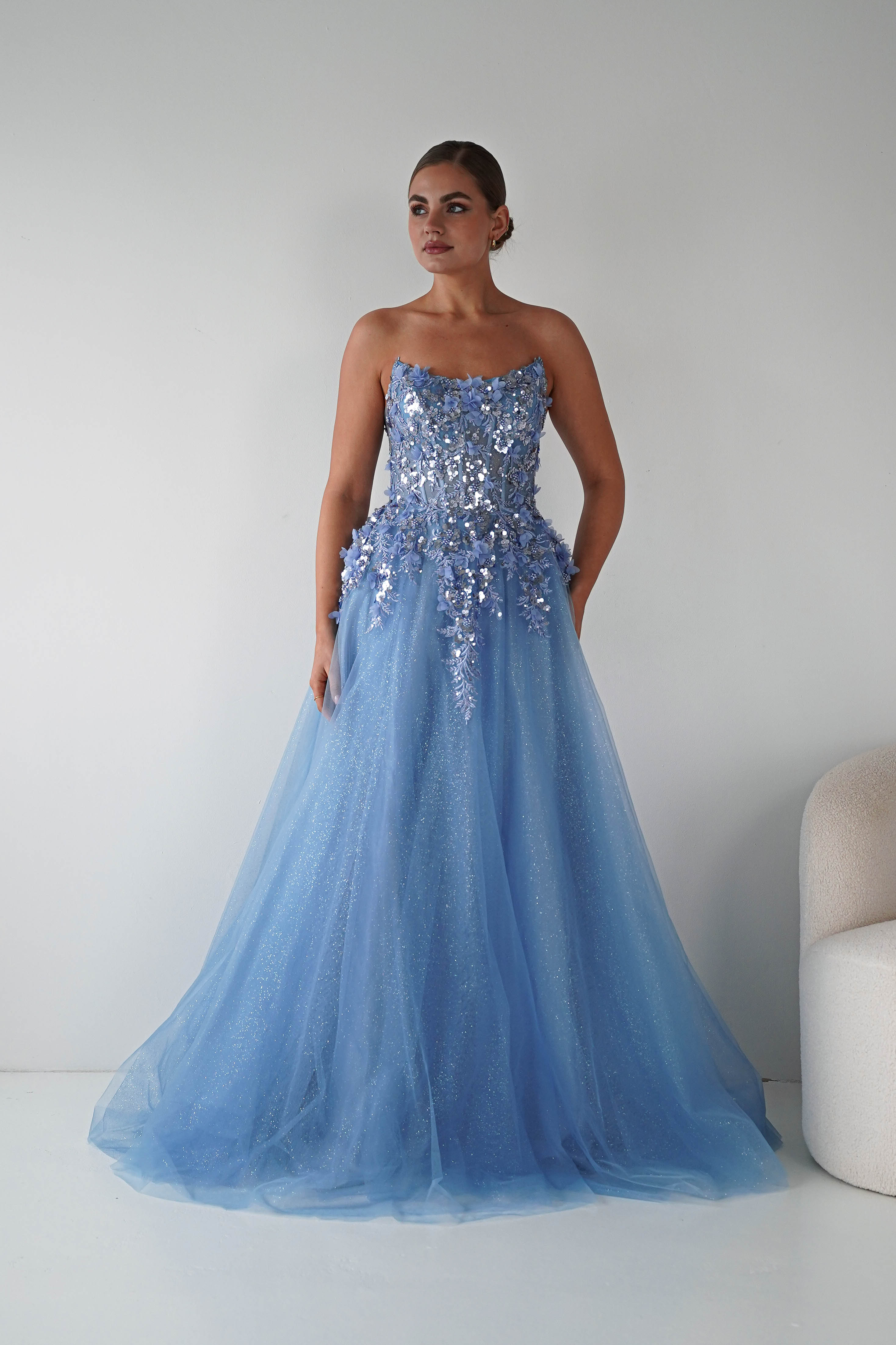 Oh Hello Clothing Women > Clothing > Dresses Francesca Strapless Floral Appliqué Ball Gown | Blue